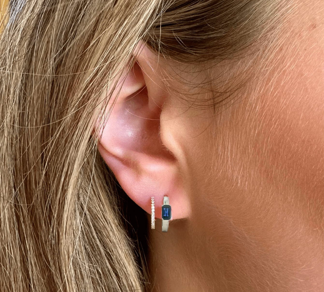 Earrings 14K Gold and Blue Sapphire Huggie Hoops Earrings