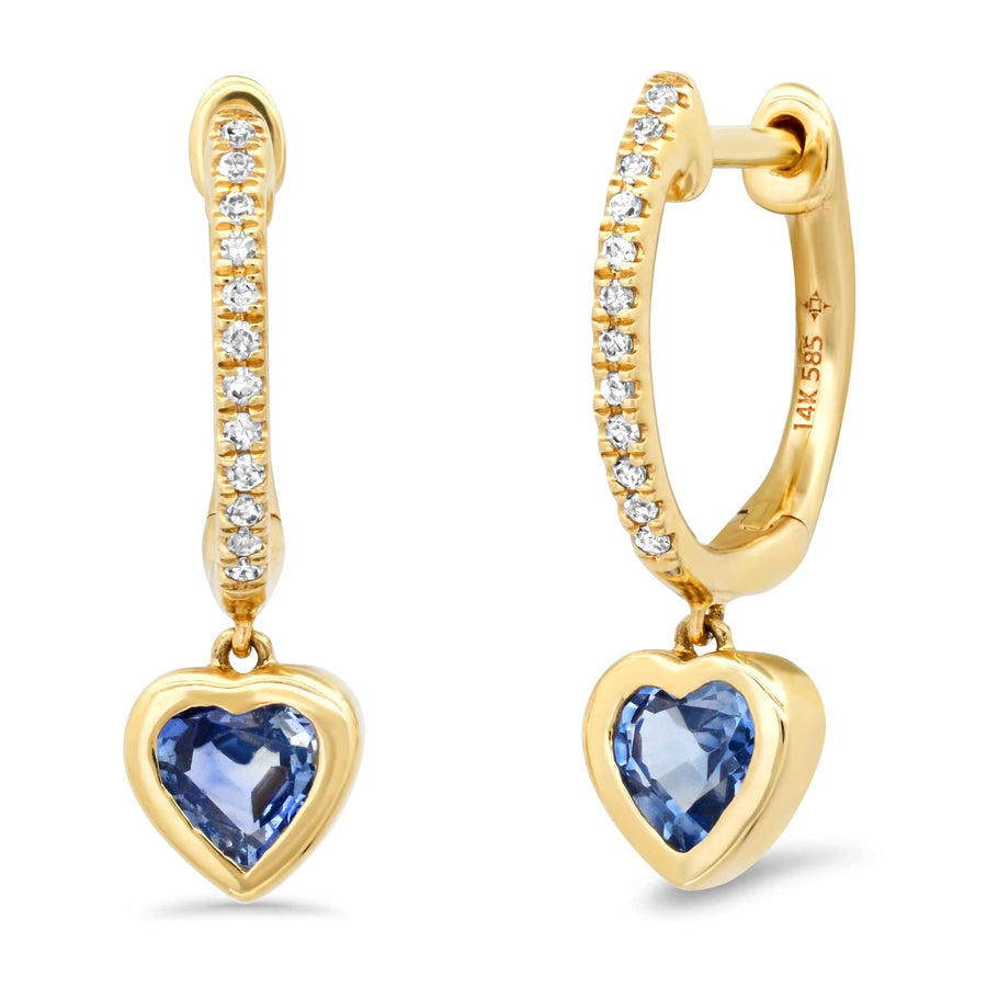 Earrings 14K Gold and Diamond Blue Sapphire Heart Drop Hoops Earrings