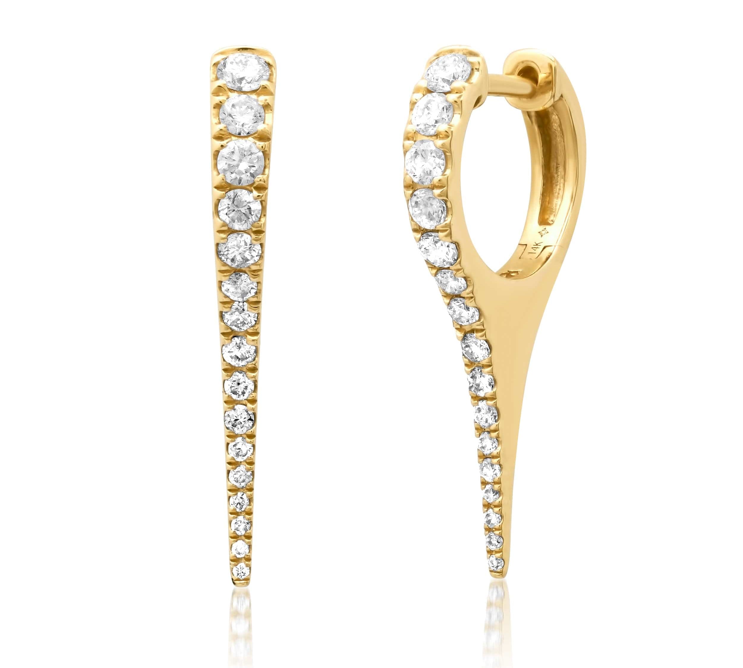 Earrings 14K Gold and Diamond Dagger Hoops Earrings, Large, Single Row Diamonds