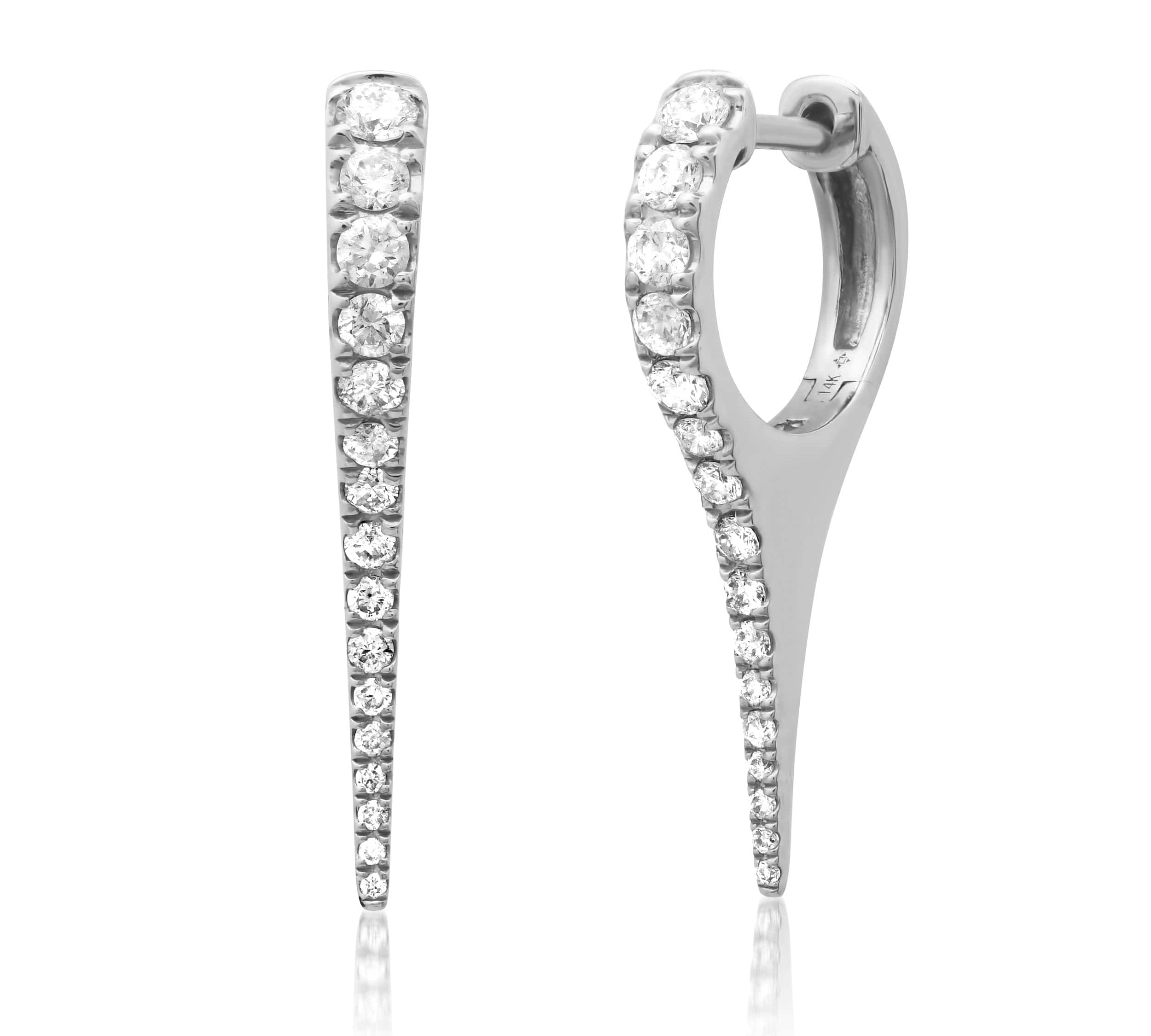Earrings 14K Gold and Diamond Dagger Hoops Earrings, Large, Single Row Diamonds
