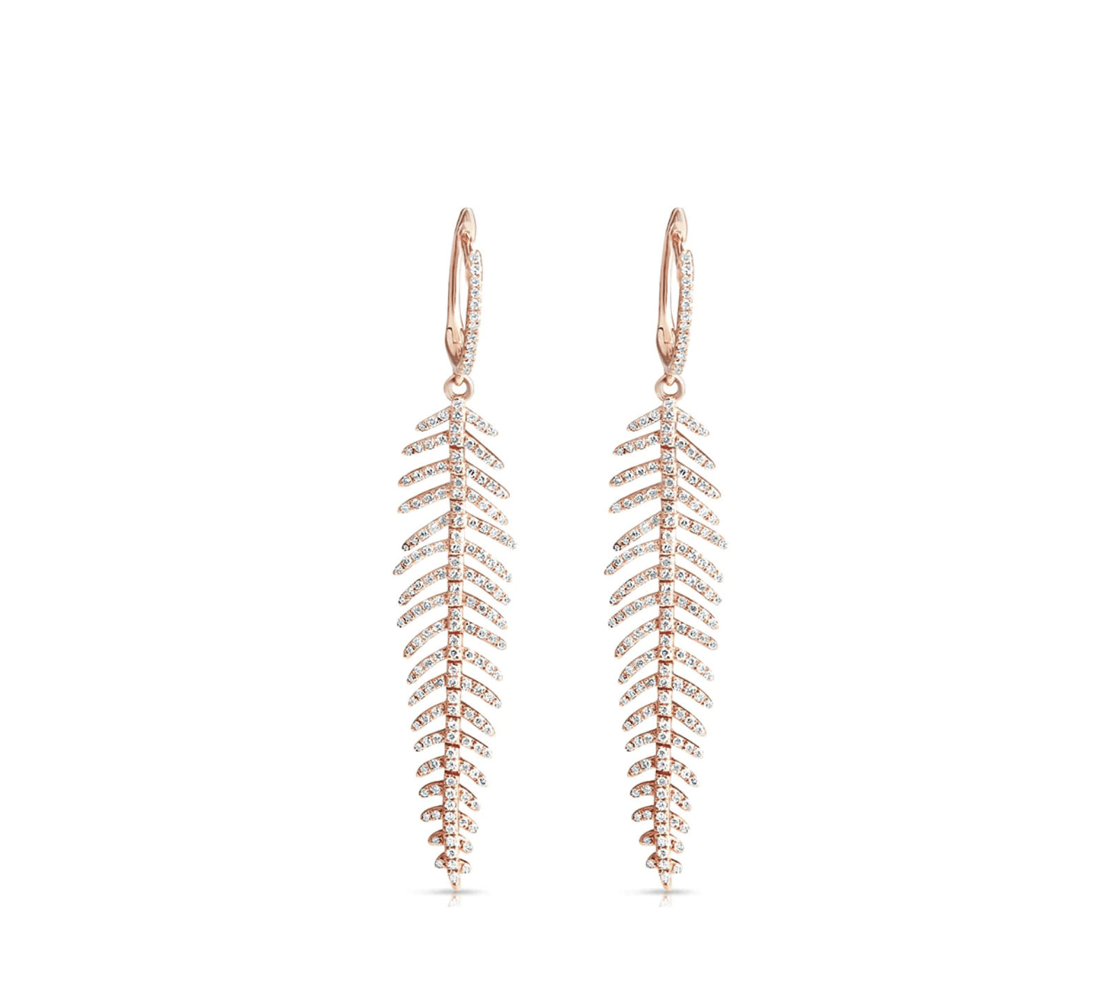 Earrings 14K Gold and Diamond Feather Drop Earrings