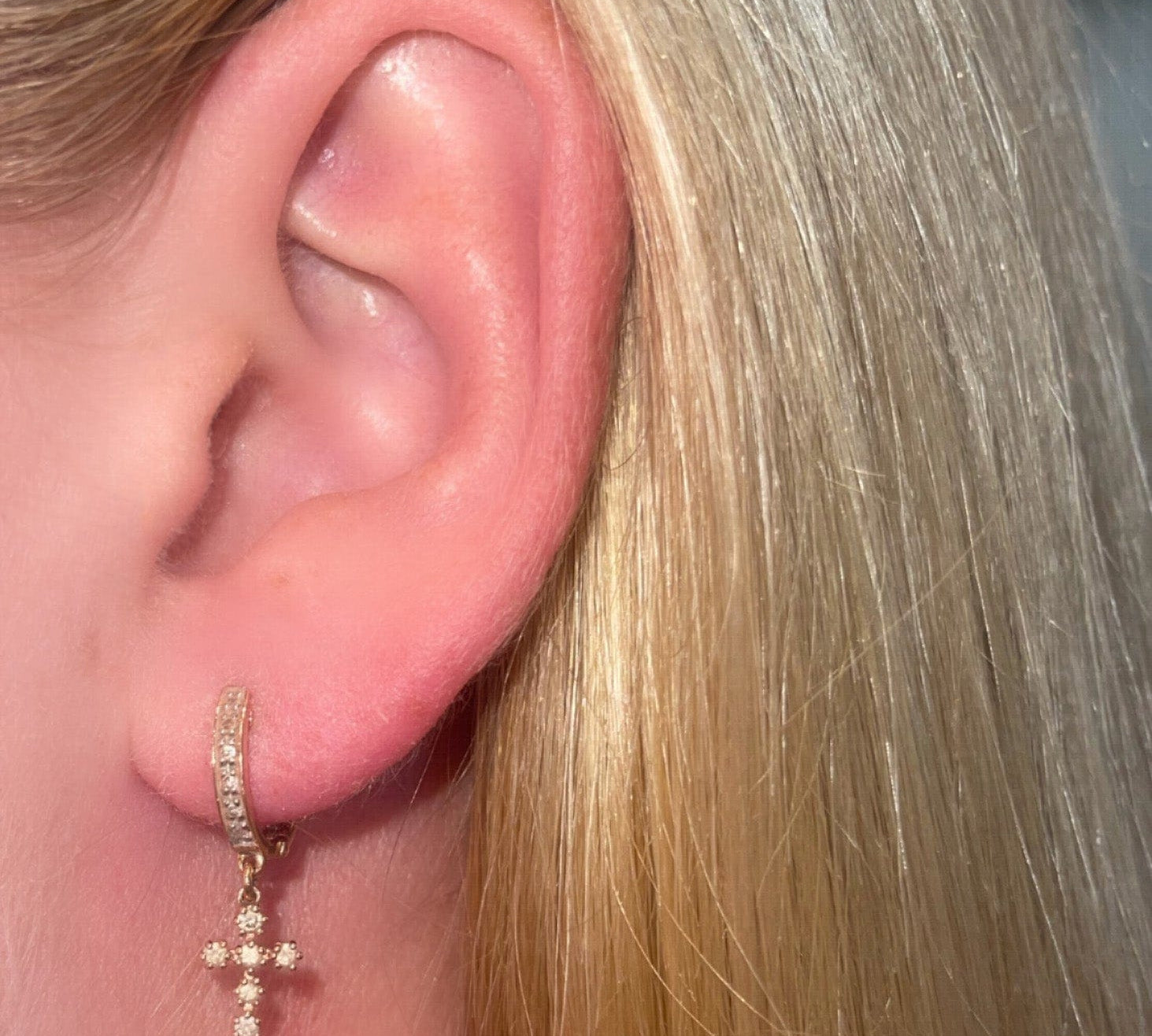 Earrings 14K Gold and Diamond Hoop Earrings with Diamond Cross
