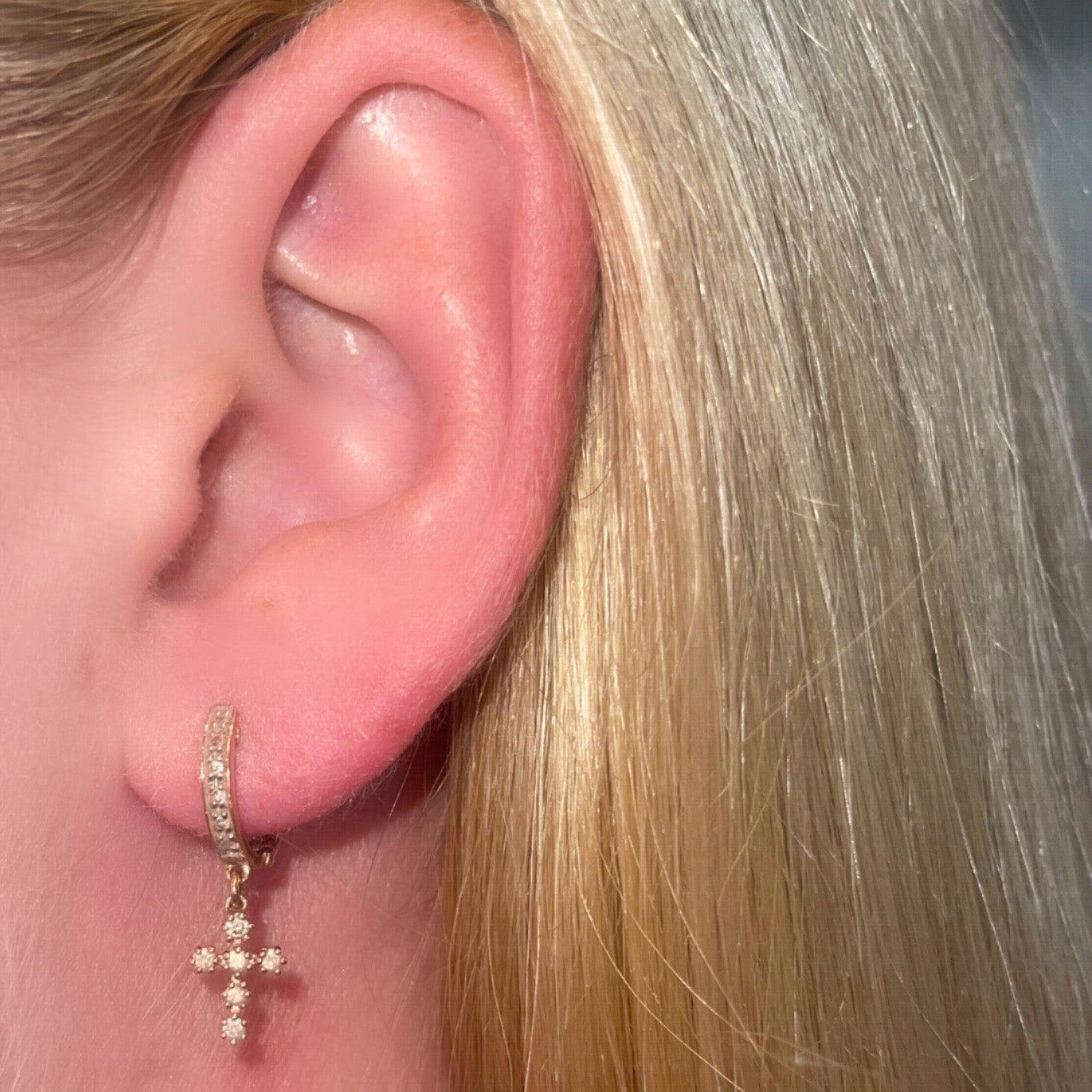 Earrings 14K Gold and Diamond Hoop Earrings with Diamond Cross