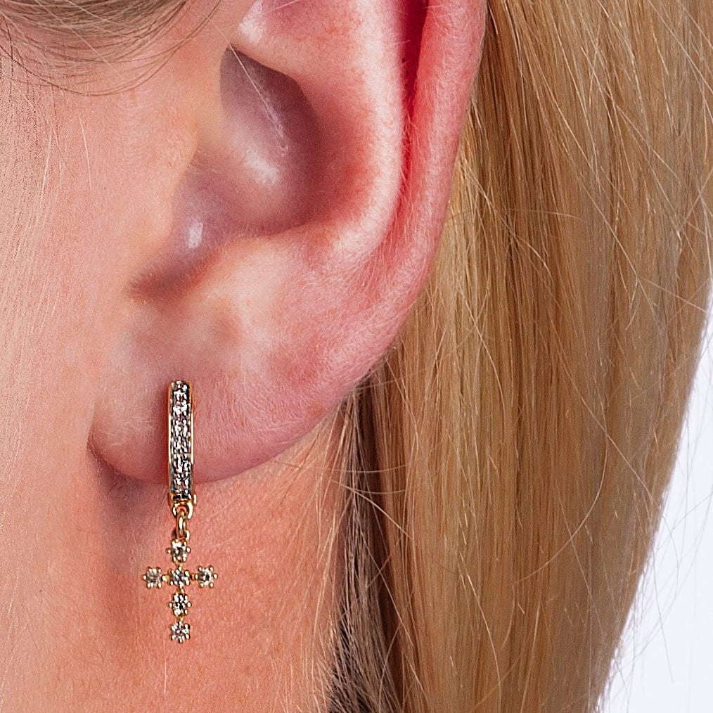 Earrings 14K Gold and Diamond Hoop Earrings with Diamond Cross
