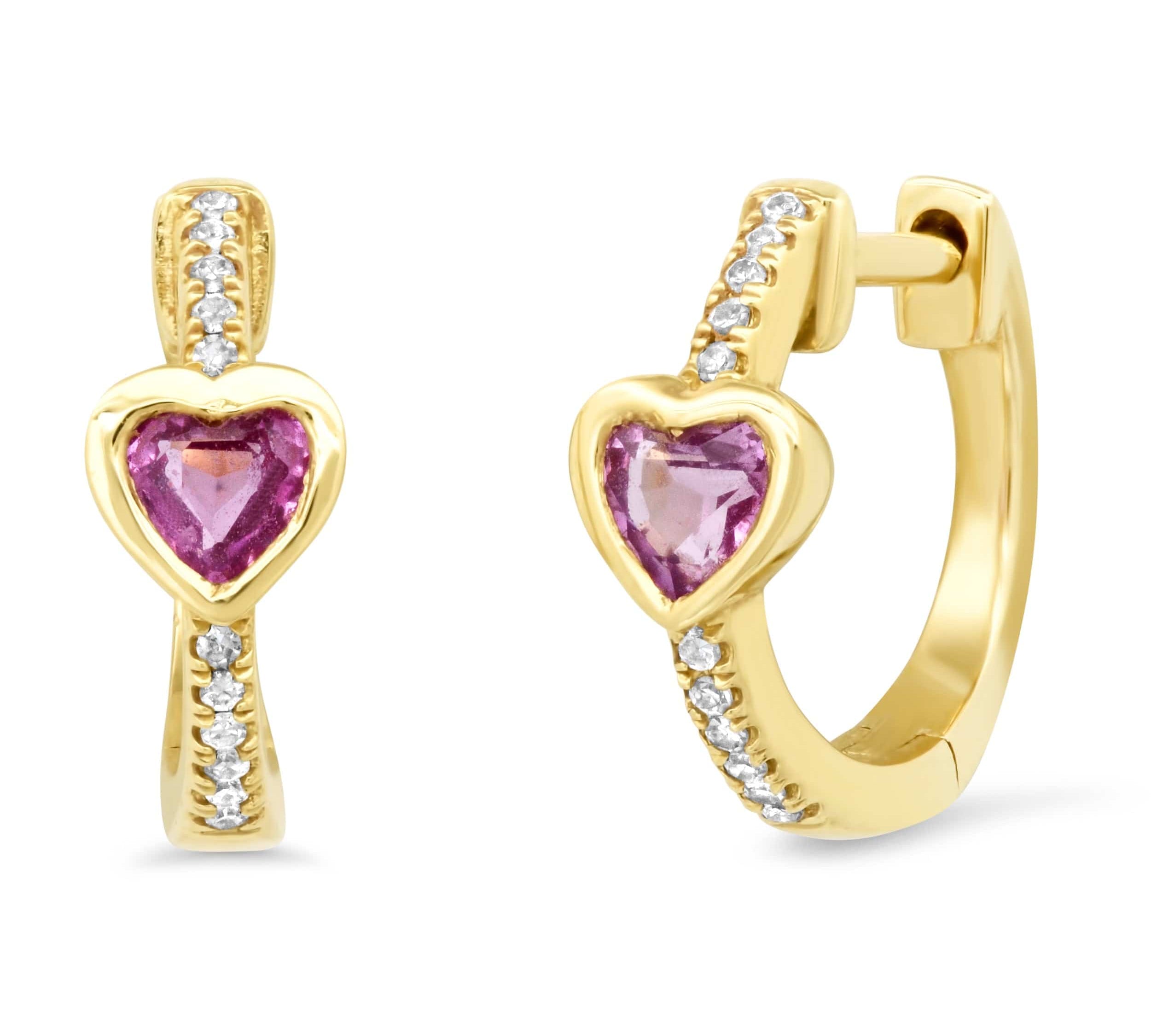 Earrings 14K Gold and Diamond Pink Sapphire Heart Huggie Hoops Earrings