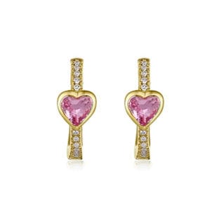 Earrings 14K Gold and Diamond Pink Sapphire Heart Huggie Hoops Earrings