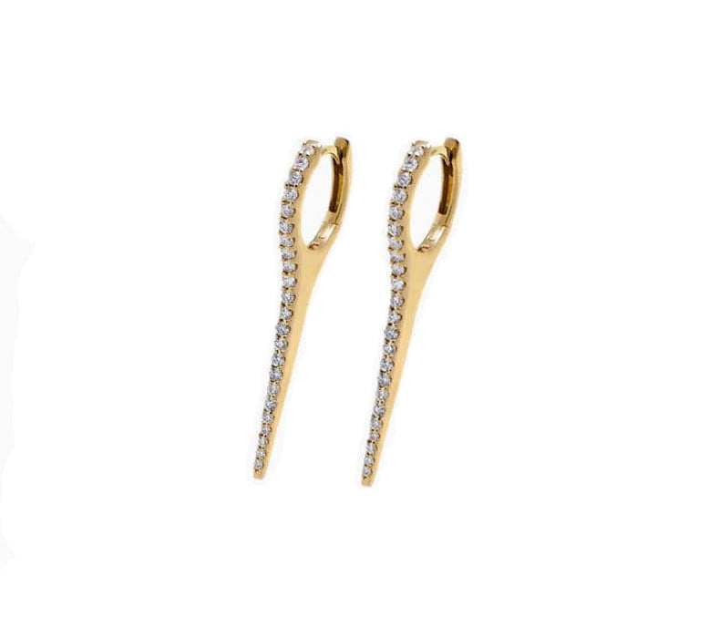 Earrings 14K Gold and Diamond Thin Dagger Hoops Earrings, Single Row Diamonds
