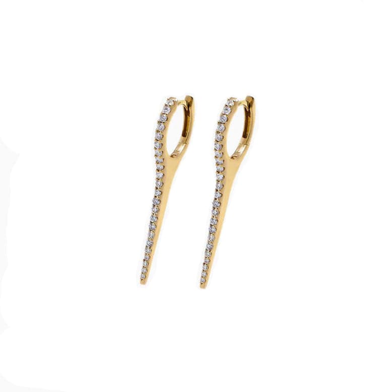 Earrings 14K Gold and Diamond Thin Dagger Hoops Earrings, Single Row Diamonds