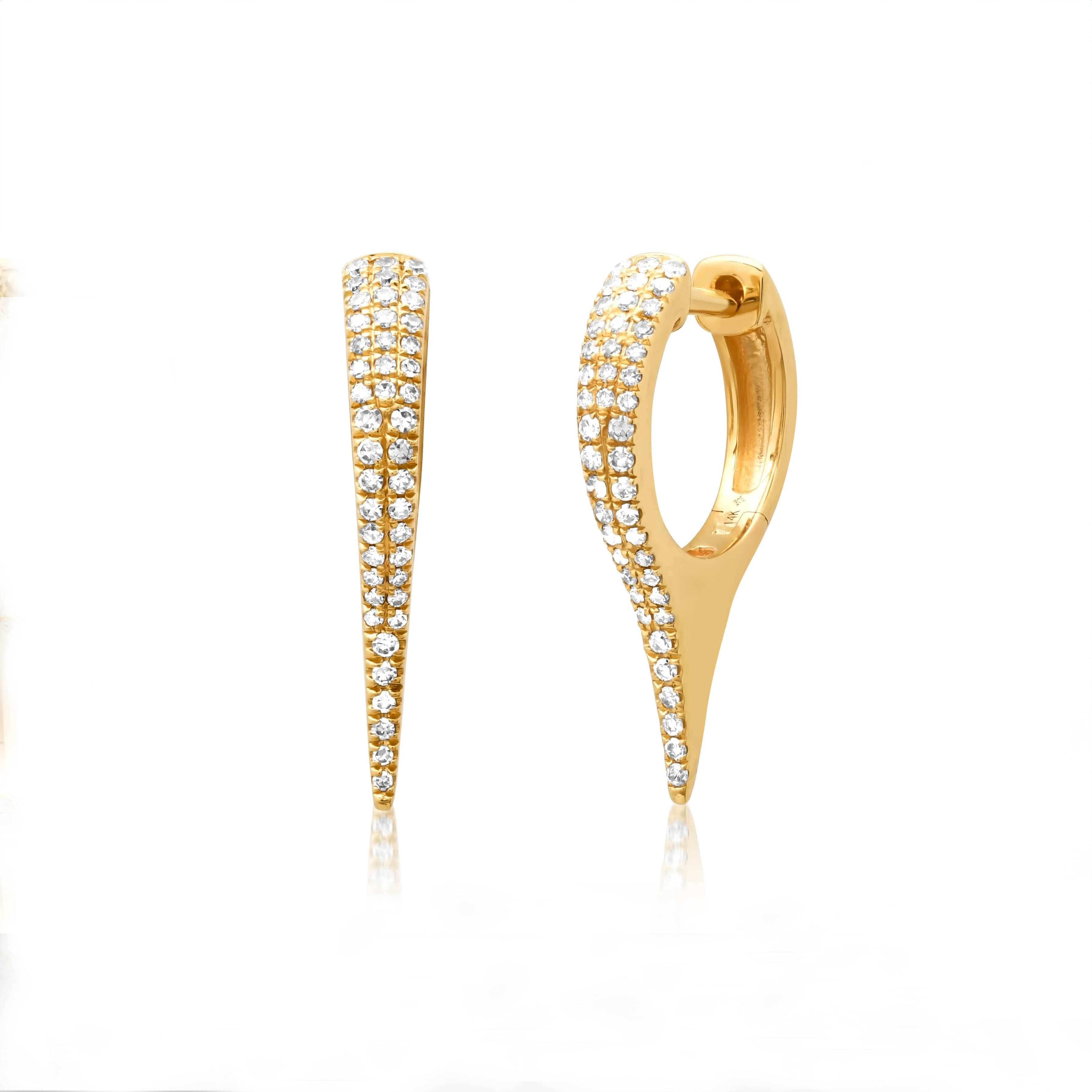 Earrings 14K Gold and Pave Diamond Dagger Hoops Earrings