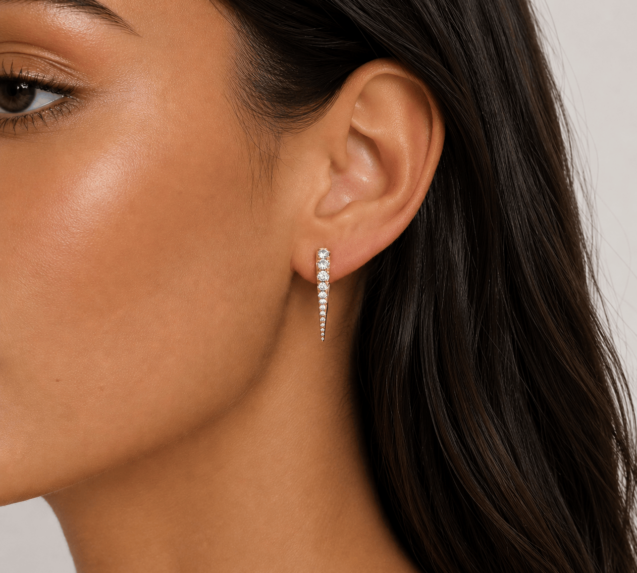 Earrings 14K Gold and Pave Diamond Dagger Hoops Earrings, Single Row Diamonds