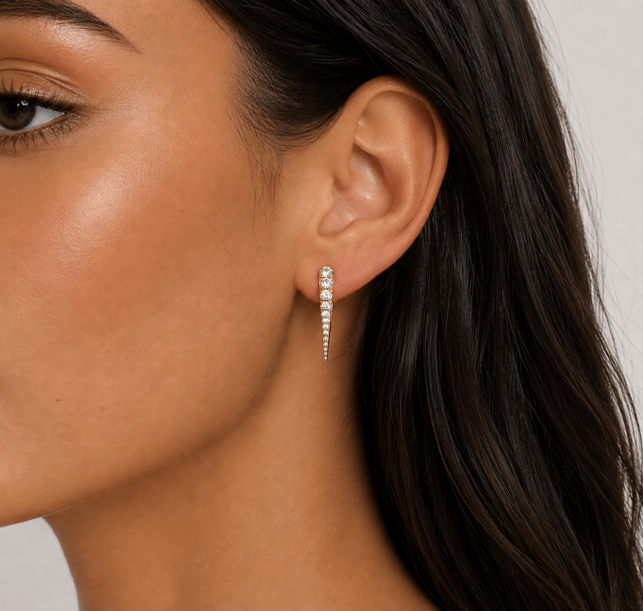 Earrings 14K Gold and Pave Diamond Dagger Hoops Earrings, Single Row Diamonds