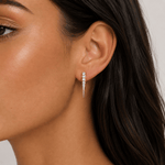 Earrings 14K Gold and Pave Diamond Dagger Hoops Earrings, Single Row Diamonds
