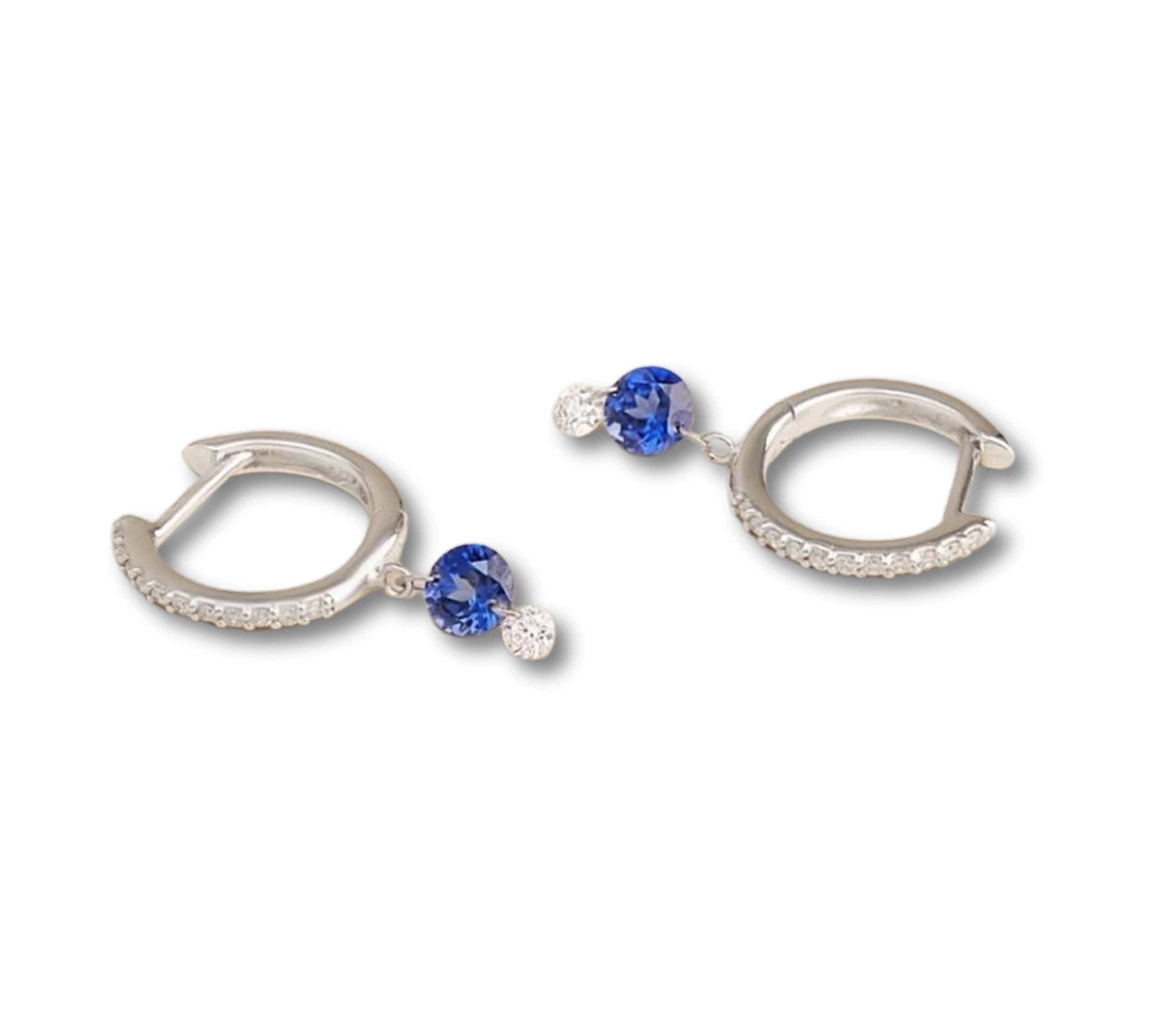 Earrings 14K Gold Drilled Blue Sapphire and Pave Diamond Huggie Hoops Earrings
