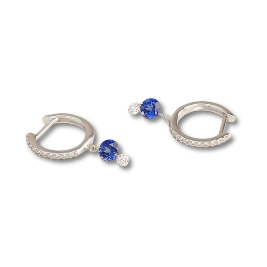 Earrings 14K Gold Drilled Blue Sapphire and Pave Diamond Huggie Hoops Earrings
