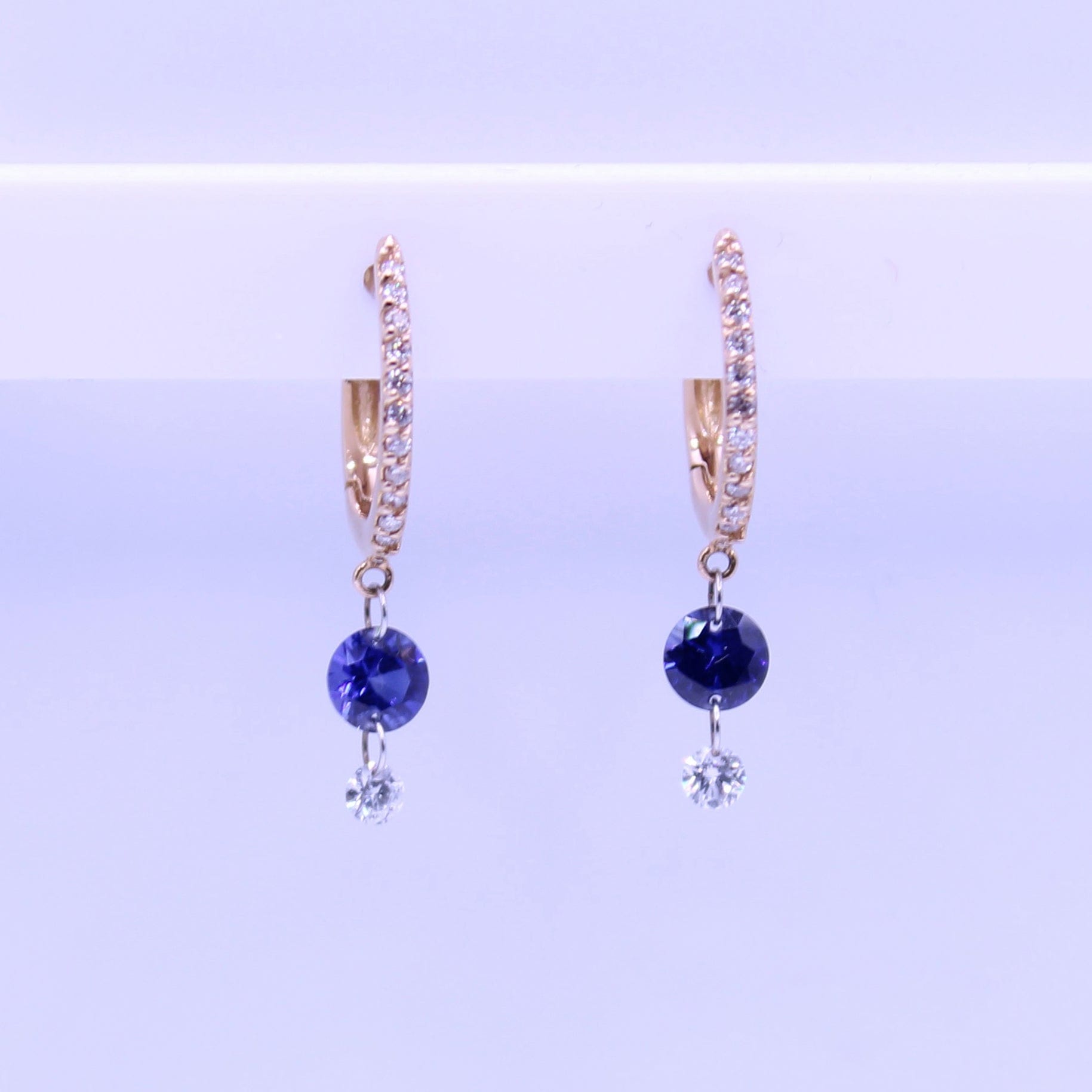 Earrings 14K Gold Drilled Blue Sapphire and Pave Diamond Huggie Hoops Earrings