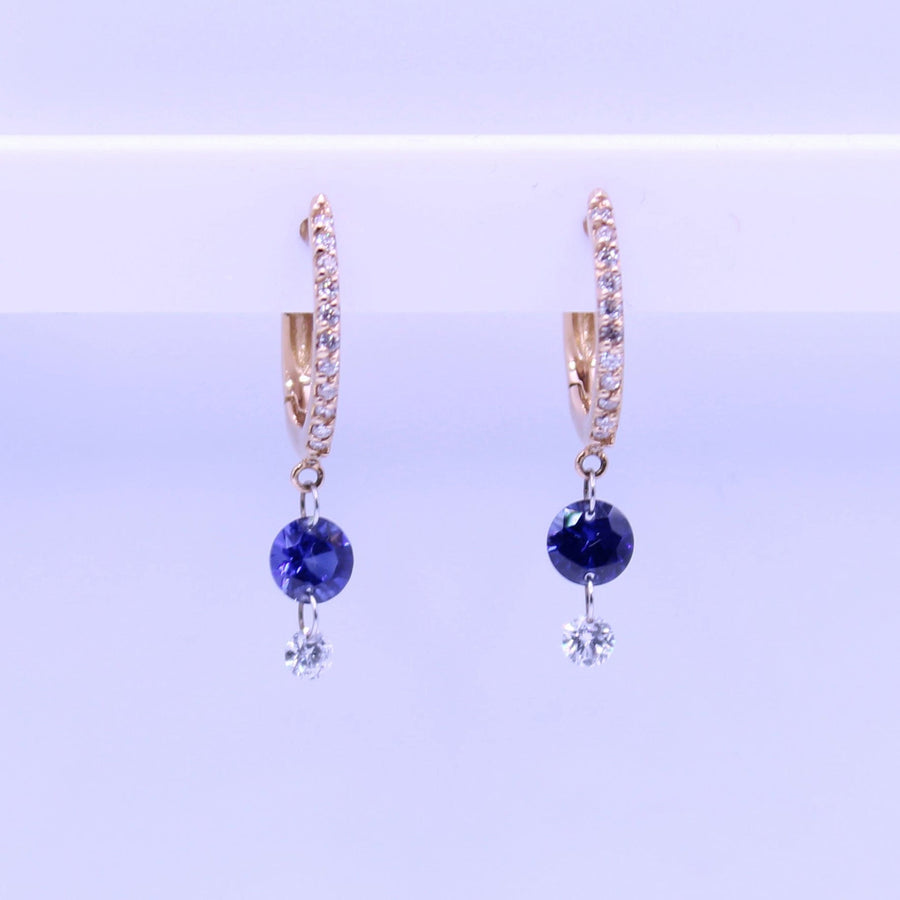 Earrings 14K Gold Drilled Blue Sapphire and Pave Diamond Huggie Hoops Earrings