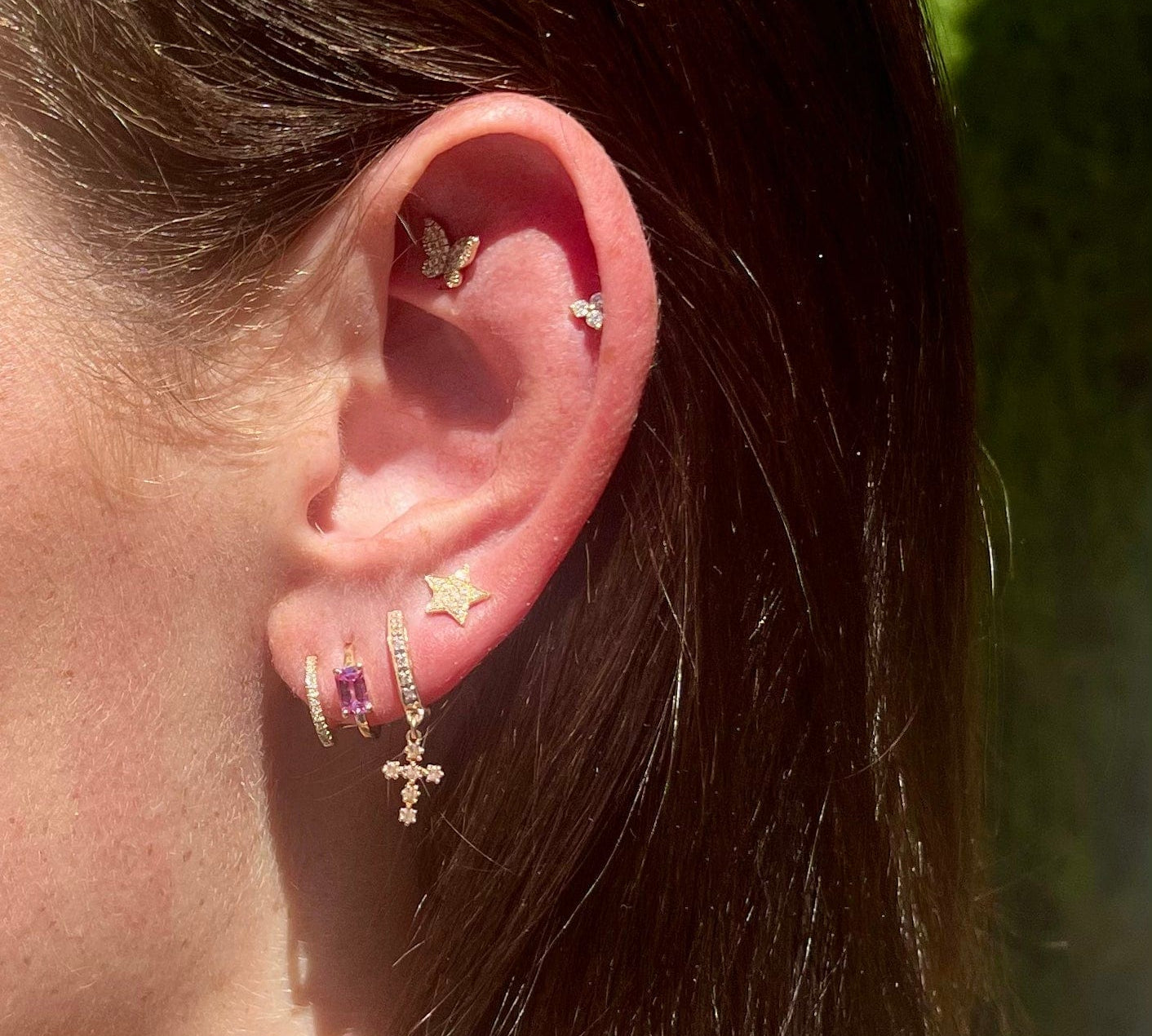 Earrings 14K Gold Emerald and Diamond Double Hoop Earrings