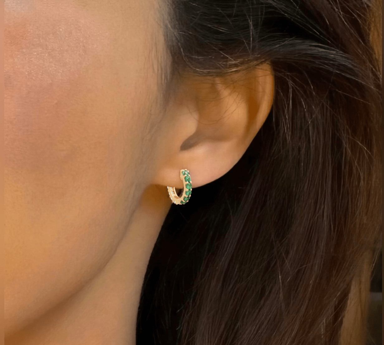 Earrings 14K Gold Half and Half Emerald and Diamond Huggie Hoops Earrings