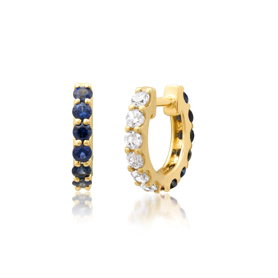 Earrings 14K Gold Half & Half Blue Sapphire & Diamond Huggie Hoops Earrings
