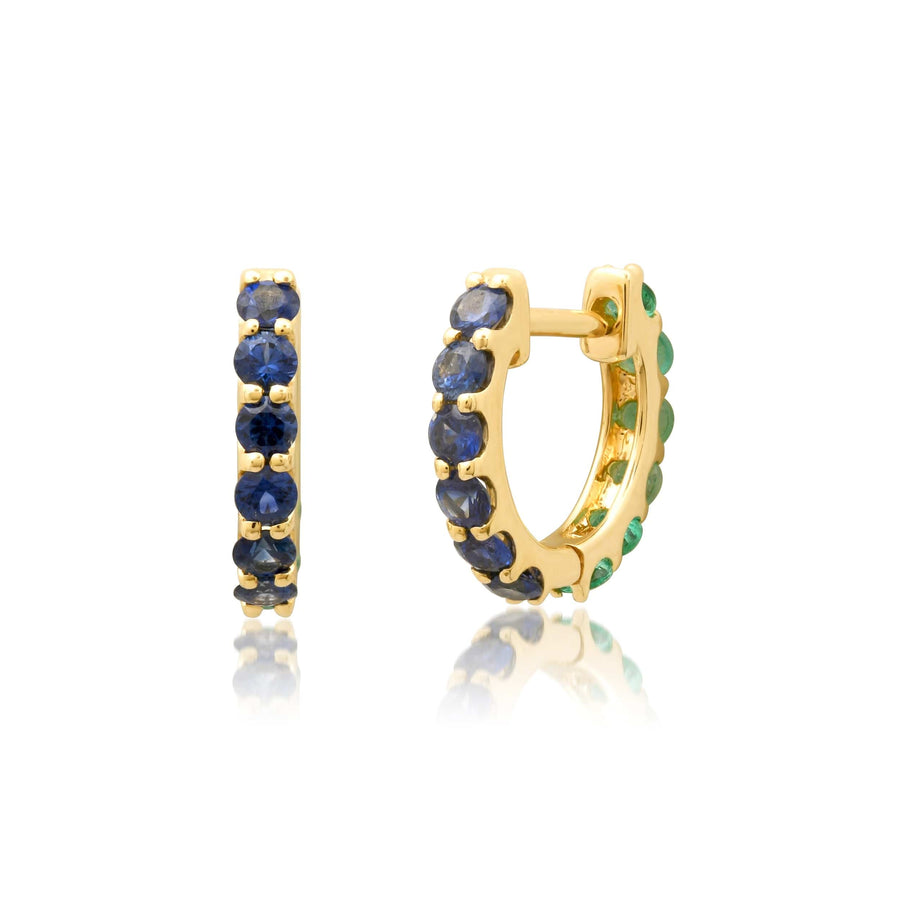 Earrings 14K Gold Half & Half Blue Sapphire & Emerald Huggie Hoops Earrings