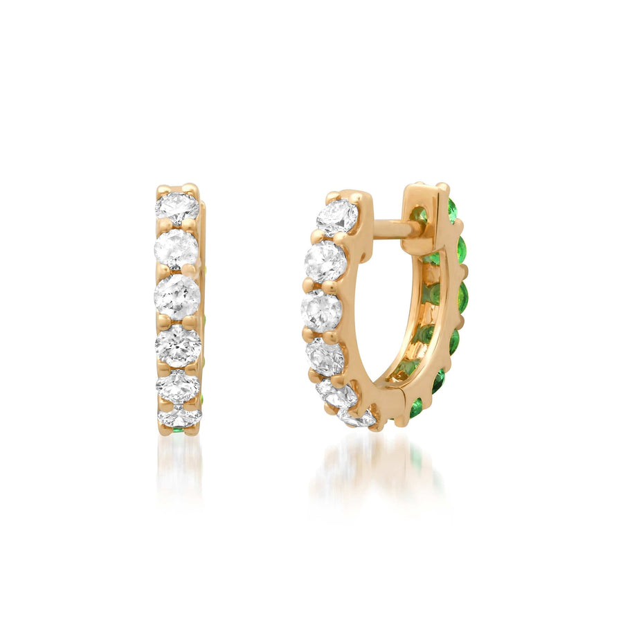 Earrings 14K Gold Half & Half Emerald & Diamond Huggie Hoops Earrings