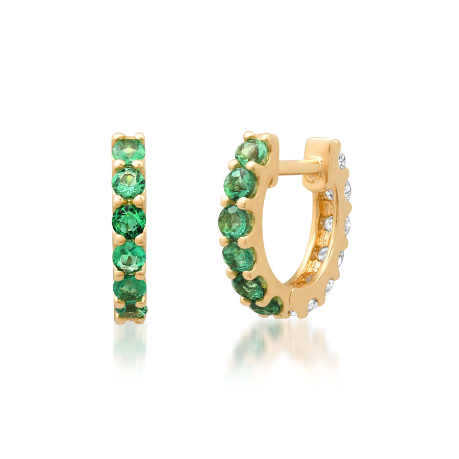 Earrings 14K Gold Half & Half Emerald & Diamond Huggie Hoops Earrings