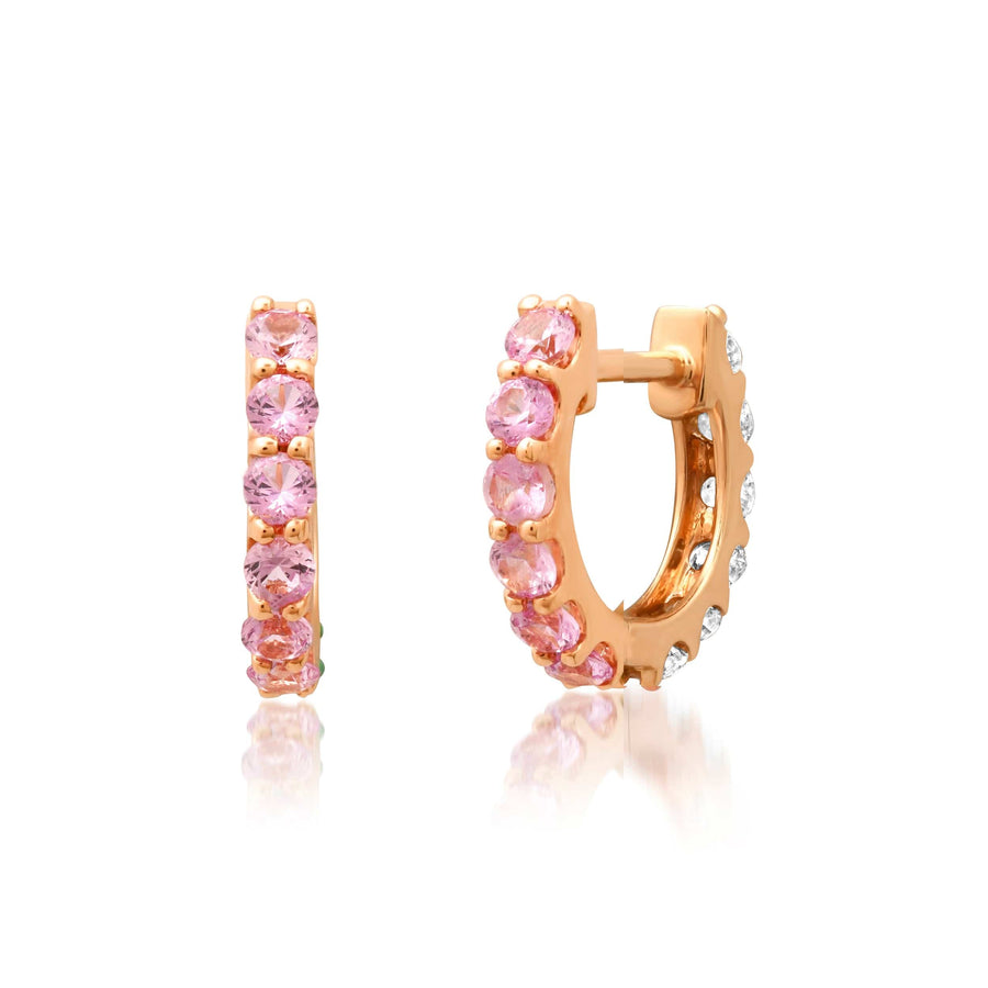 Earrings 14K Gold Half & Half Pink Sapphire & Diamond Huggie Hoops Earrings