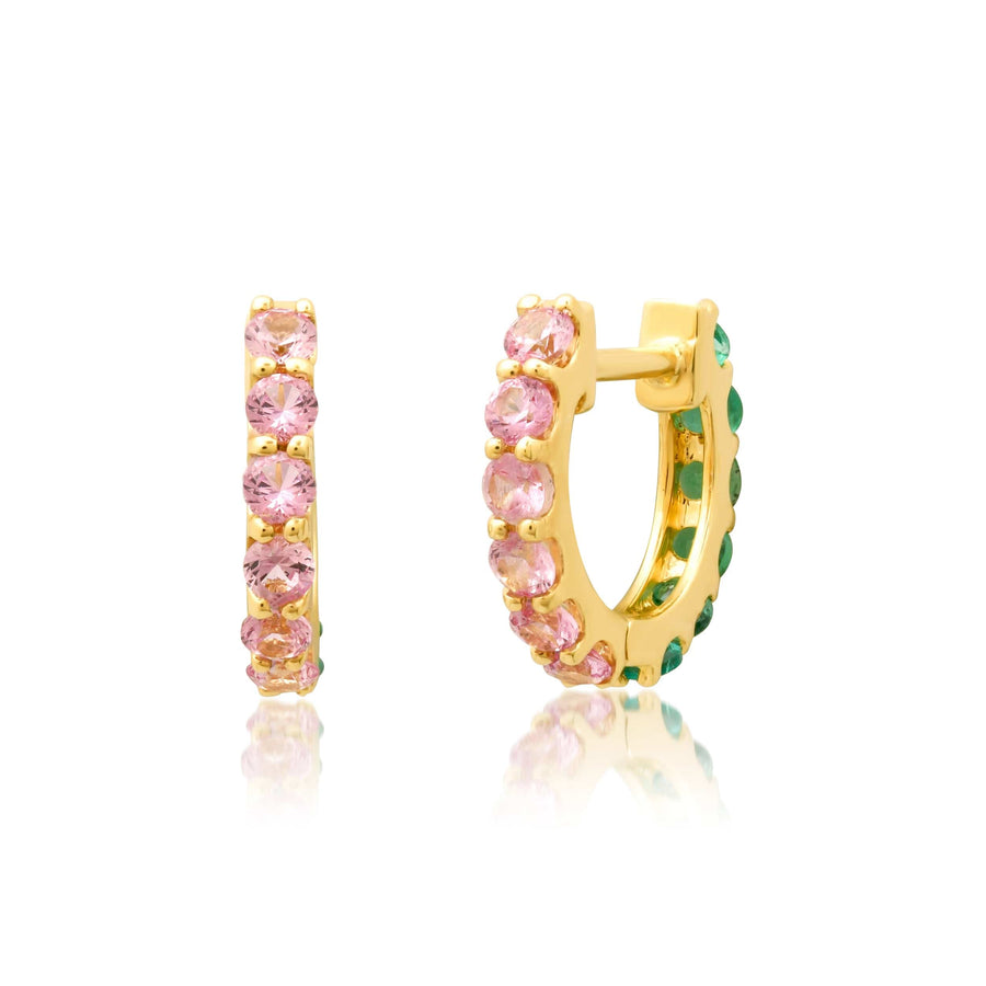 Earrings 14K Gold Half & Half Pink Sapphire & Emerald Huggie Hoops Earrings