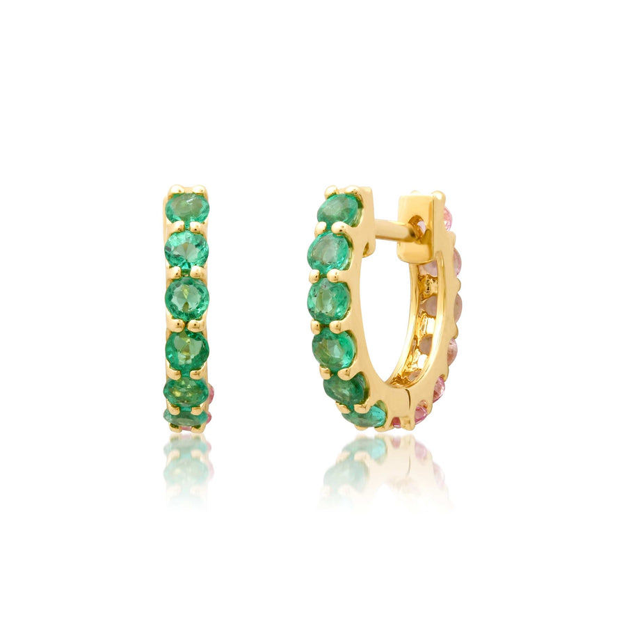 Earrings 14K Gold Half & Half Pink Sapphire & Emerald Huggie Hoops Earrings