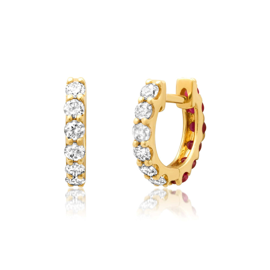 Earrings 14K Gold Half & Half Ruby & Diamond Huggie Hoops Earrings