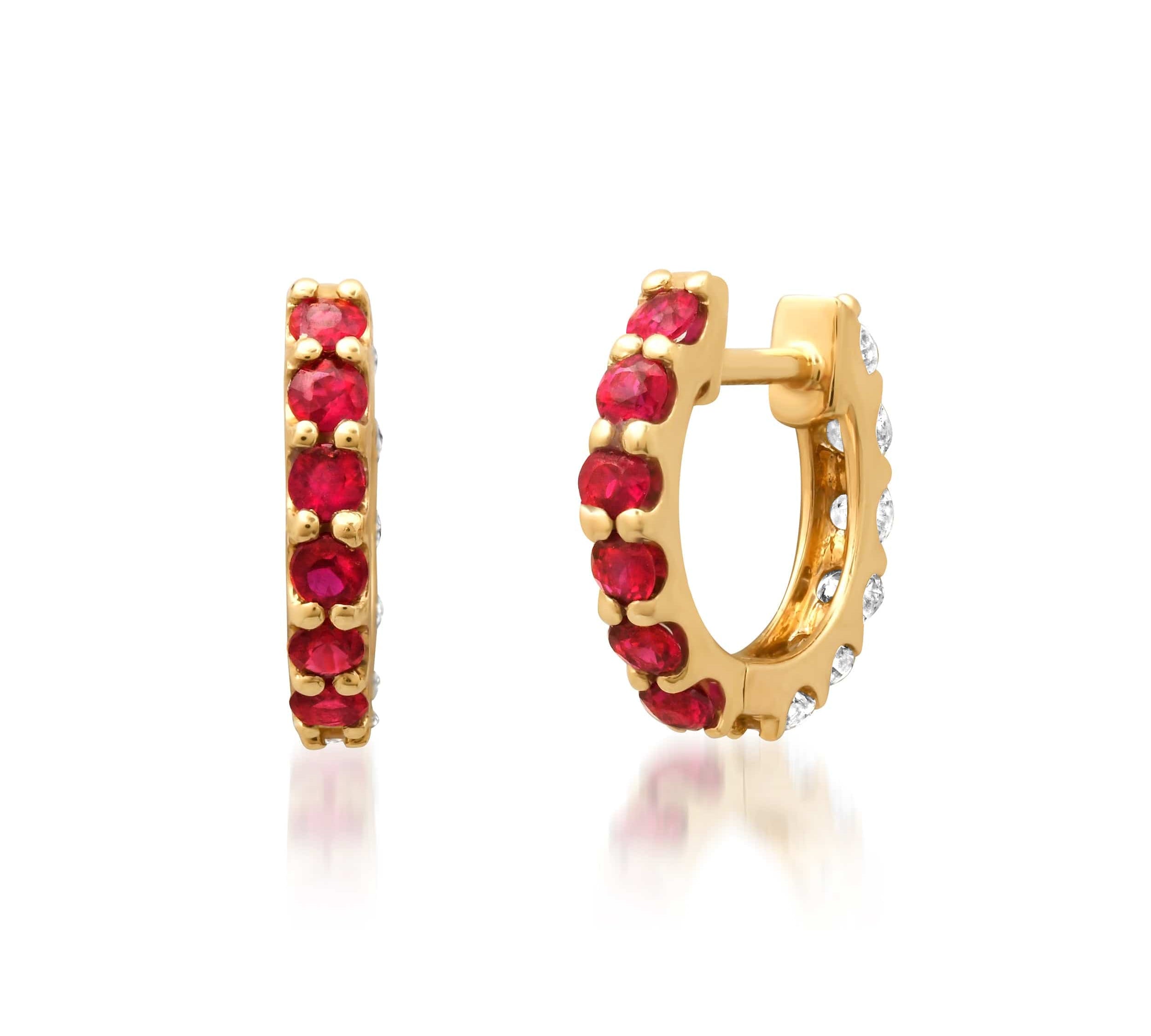 Earrings 14K Gold Half & Half Ruby & Diamond Huggie Hoops Earrings