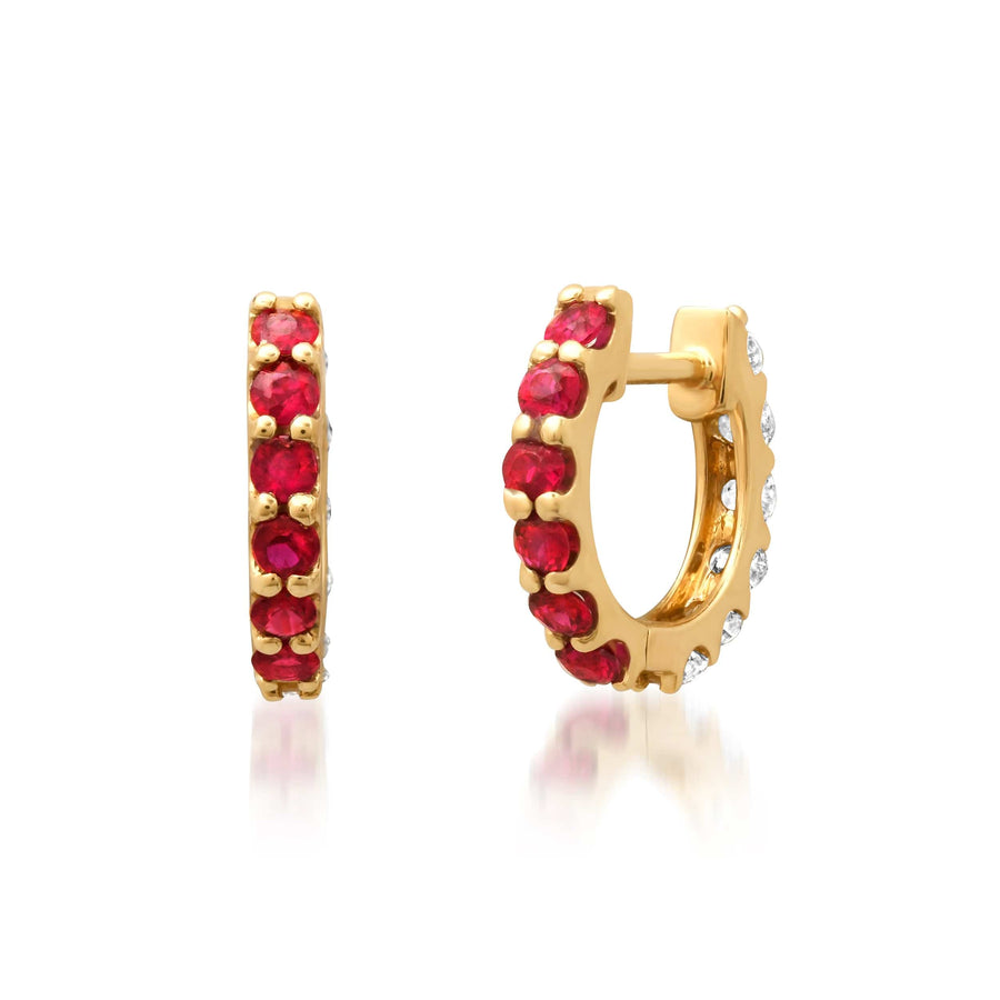 Earrings 14K Gold Half & Half Ruby & Diamond Huggie Hoops Earrings