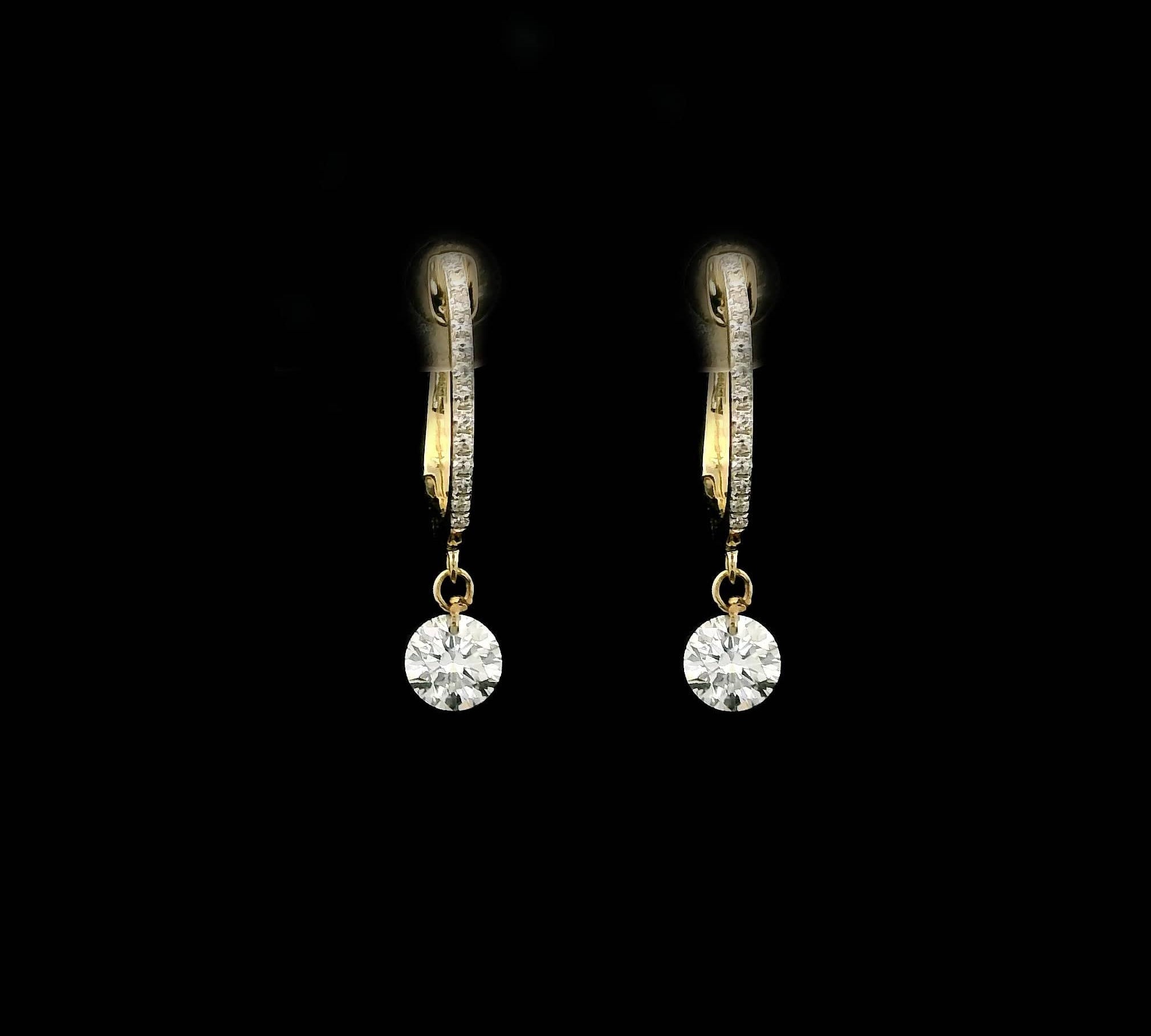 Earrings 14K Gold Invisible Set Laser Drilled  Drop Single Diamond Huggie Hoops Earrings, Lab Grown