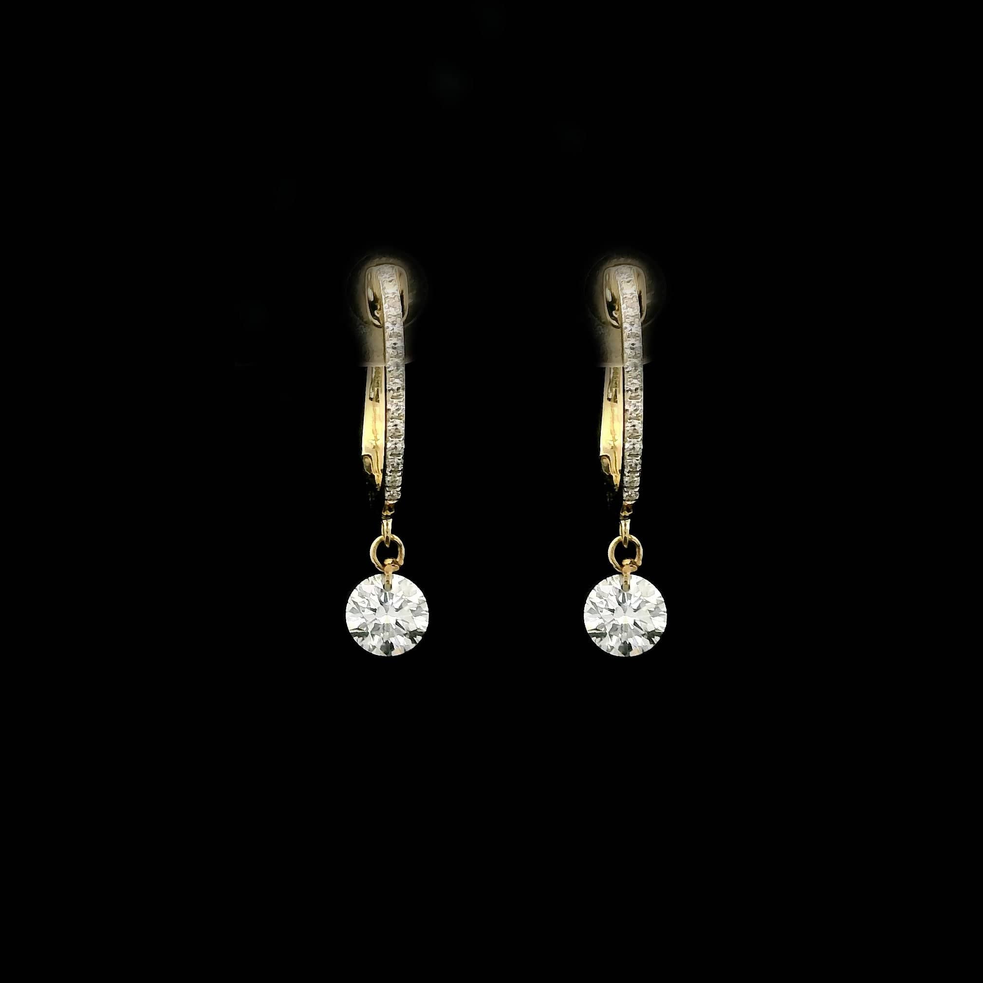 Earrings 14K Gold Invisible Set Laser Drilled  Drop Single Diamond Huggie Hoops Earrings, Lab Grown