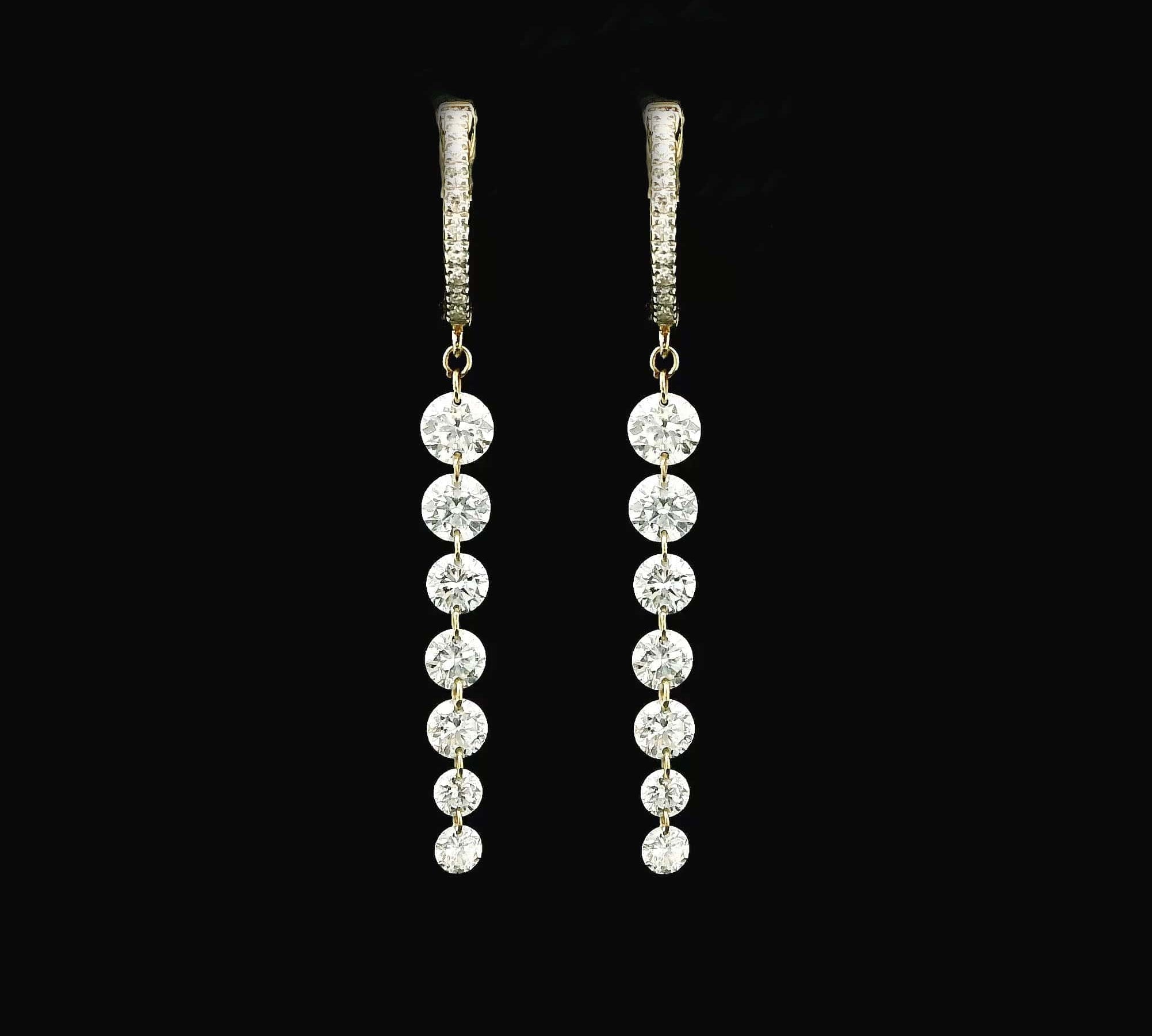 Earrings 14K Gold Invisible Set Laser Drilled Graduated Drop Round Diamond Huggie Hoops Earrings, 2.45 ct, Lab Grown (Copy)