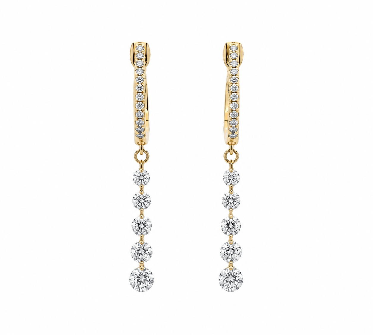 Earrings 14K Gold Invisible Set Laser Drilled Graduated Drop Round Diamond Huggie Hoops Earrings, Lab Grown