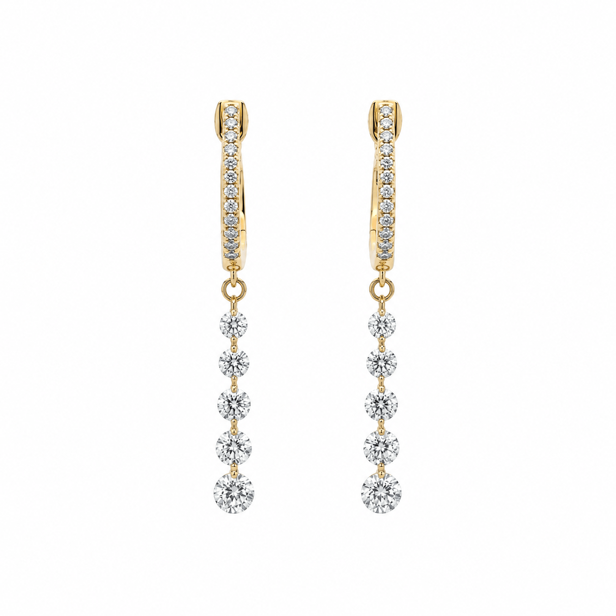 Earrings 14K Gold Invisible Set Laser Drilled Graduated Drop Round Diamond Huggie Hoops Earrings, Lab Grown