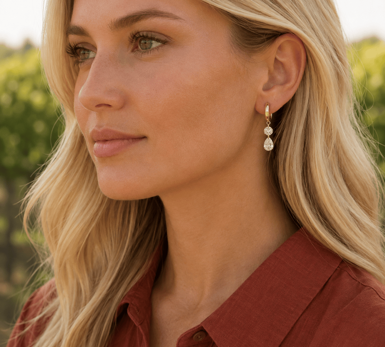 Earrings 14K Gold Invisible Set Laser Drilled Round and Pear Drop Diamond Earrings, Lab Grown