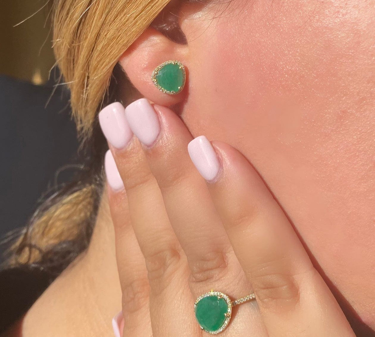 Earrings 14K Gold Organic Emerald and Diamond Stud Earrings