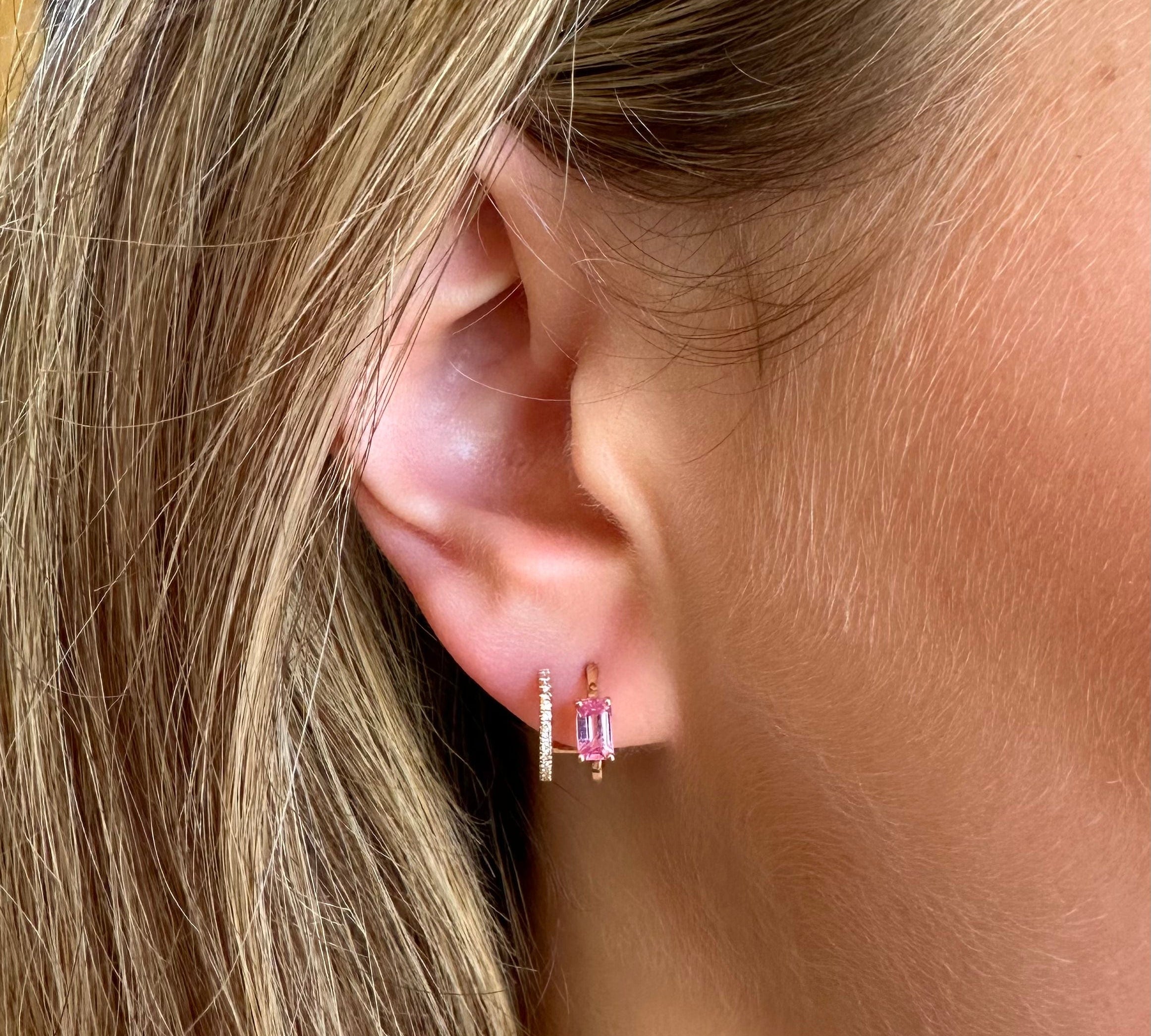 Earrings 14K Gold, Pink Sapphire, and Diamond Double Hoop Earrings