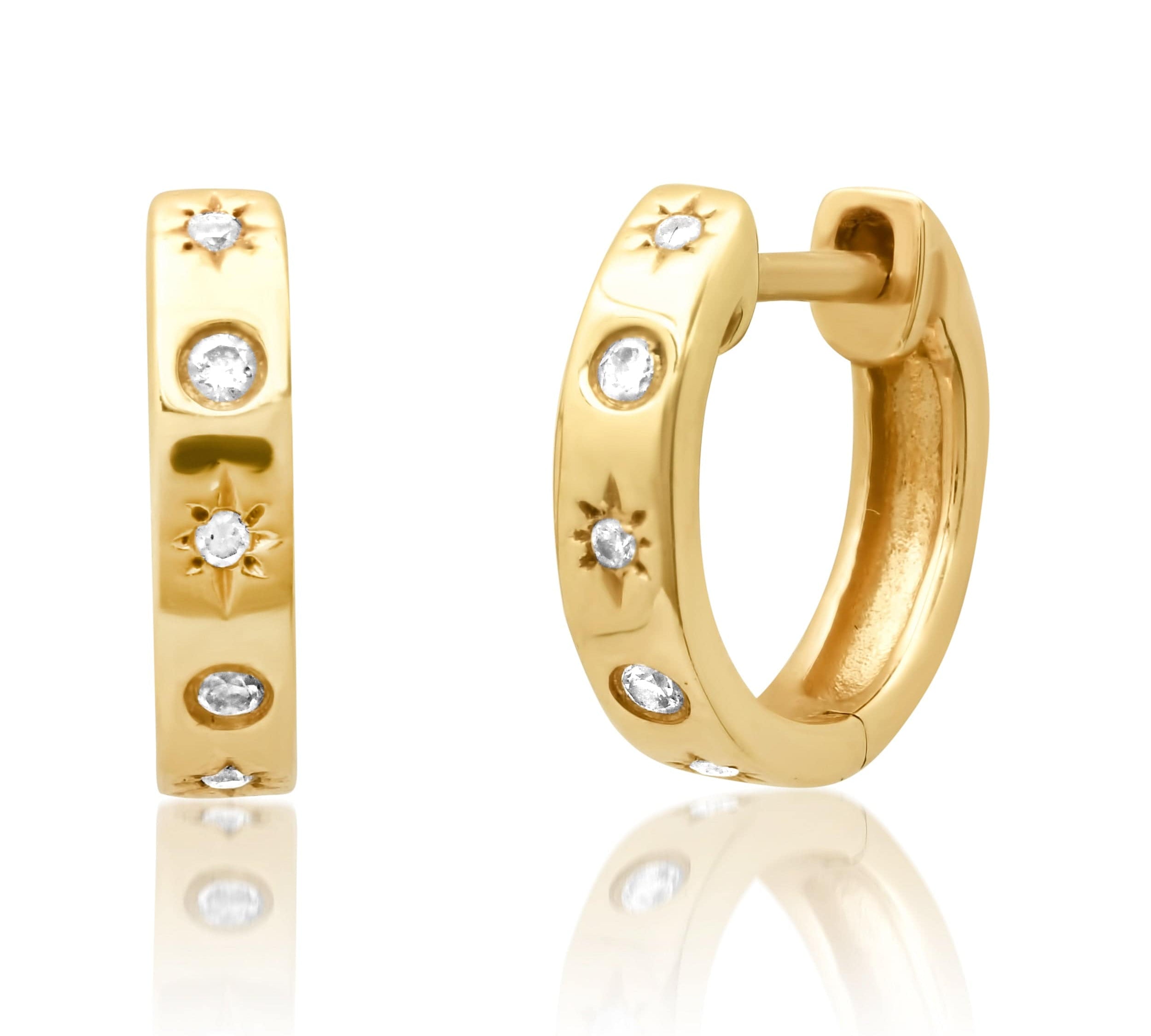 Earrings 14K Gold Star Diamond Cosmos Huggie Hoops Earrings