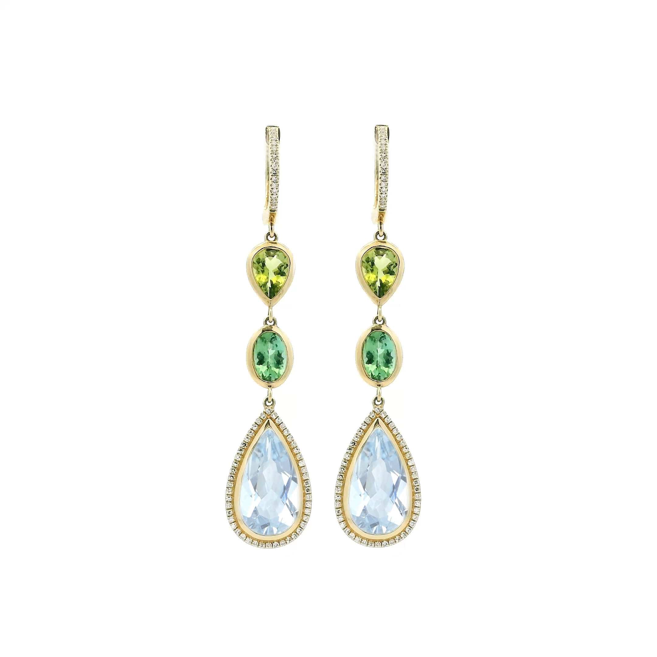 Earrings 14K Gold Tourmaline, Aquamarine, Diamond Triple Drop Dangle Earrings