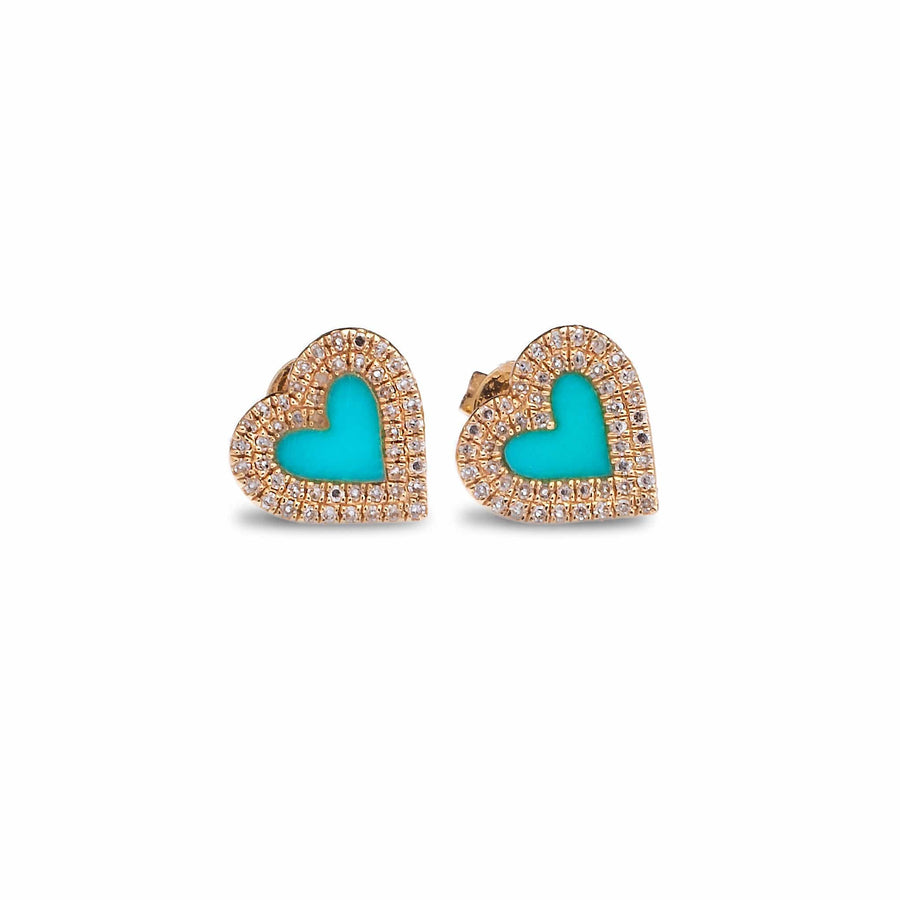 Earrings 14K Gold Turquoise and Diamond Double Row Heart Stud Earrings