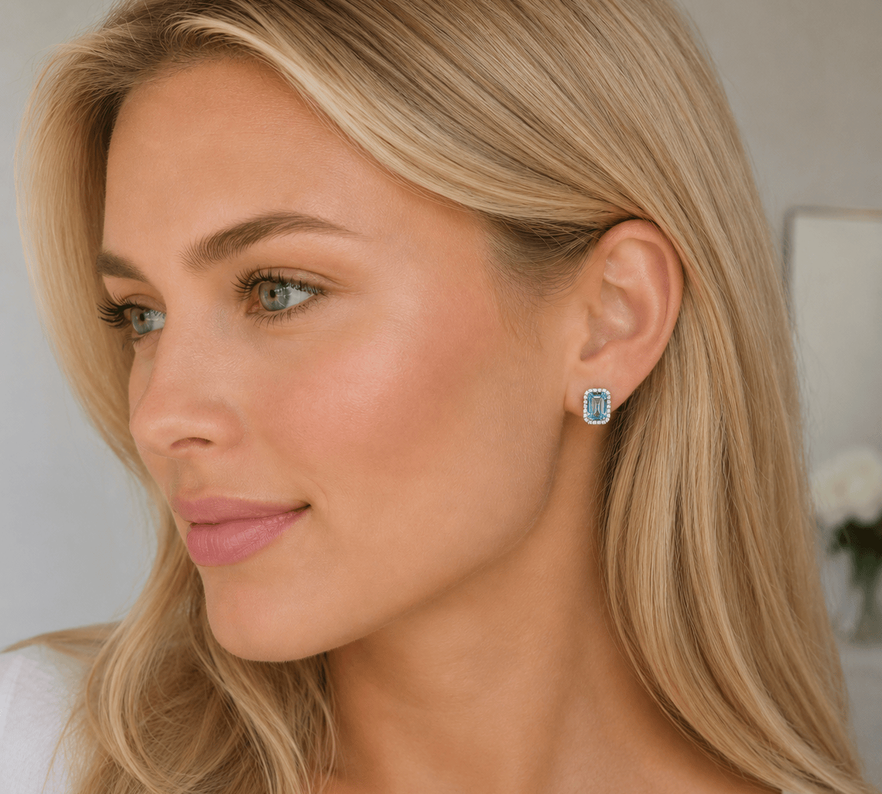 Earrings 18K Gold Aquamarine and Halo Diamond Stud Earrings