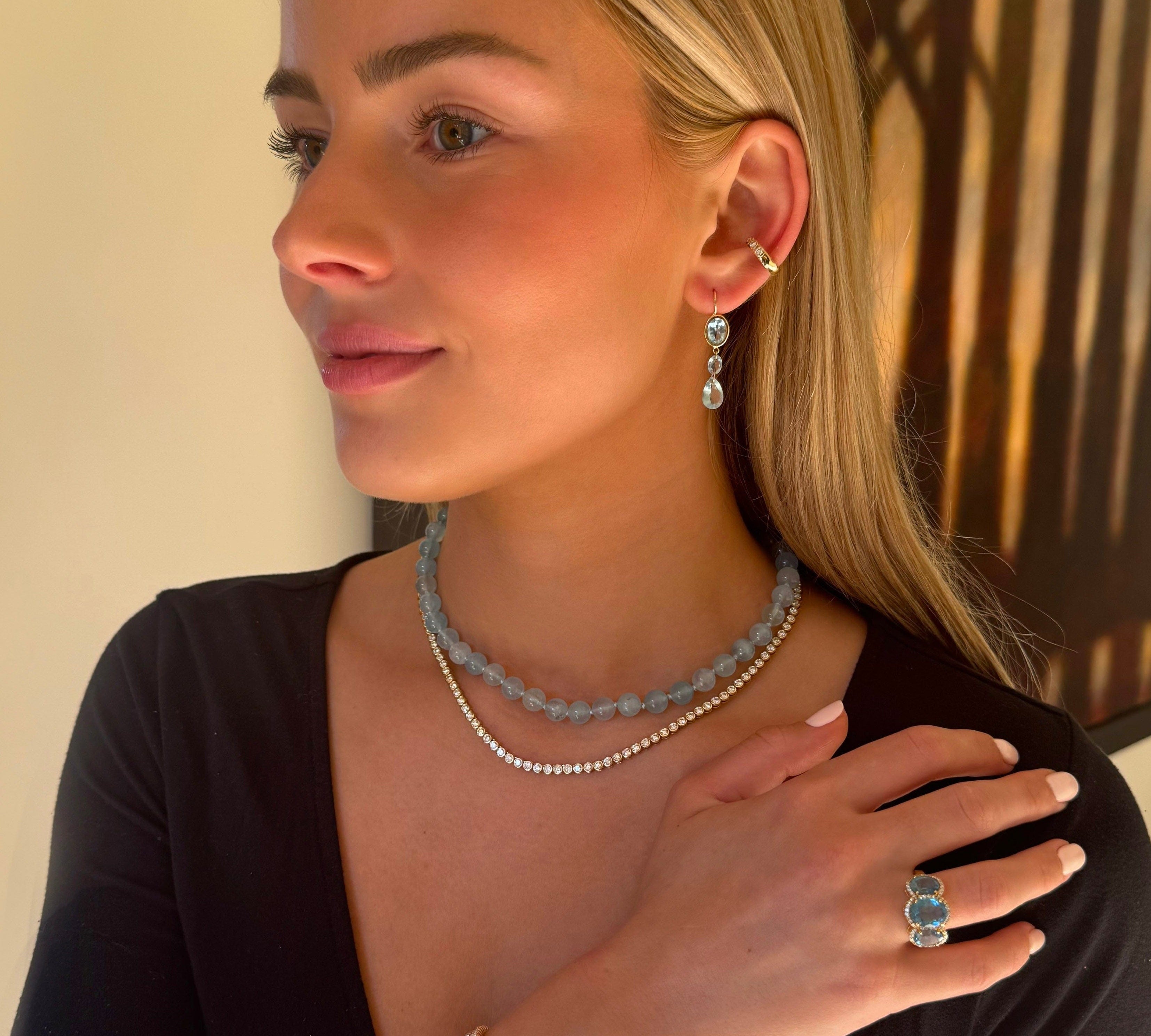 Earrings 18K Gold Aquamarine Triple Drop Dangle Earrings