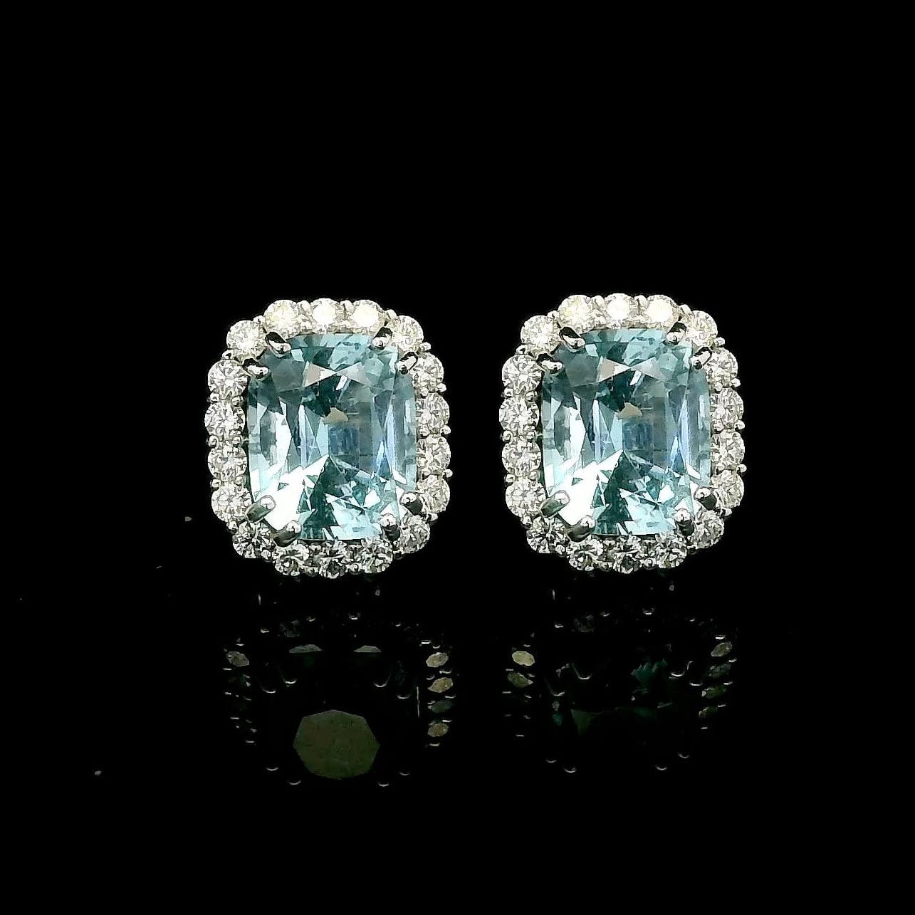 Earrings 18K Gold Cushion Cut Aquamarine and Halo Diamond Stud Earrings