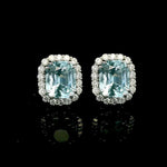 Earrings 18K Gold Cushion Cut Aquamarine and Halo Diamond Stud Earrings
