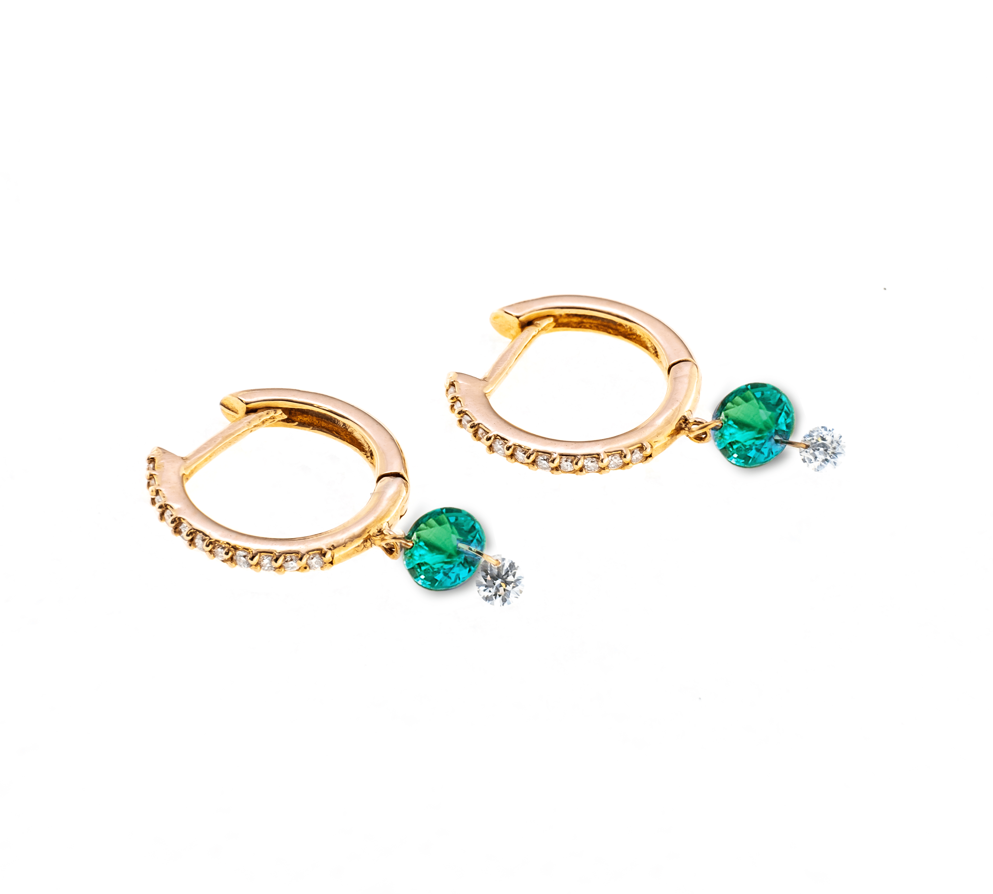Earrings 18K Gold Drilled Emerald and Pave Diamond Huggie Hoops Earrings