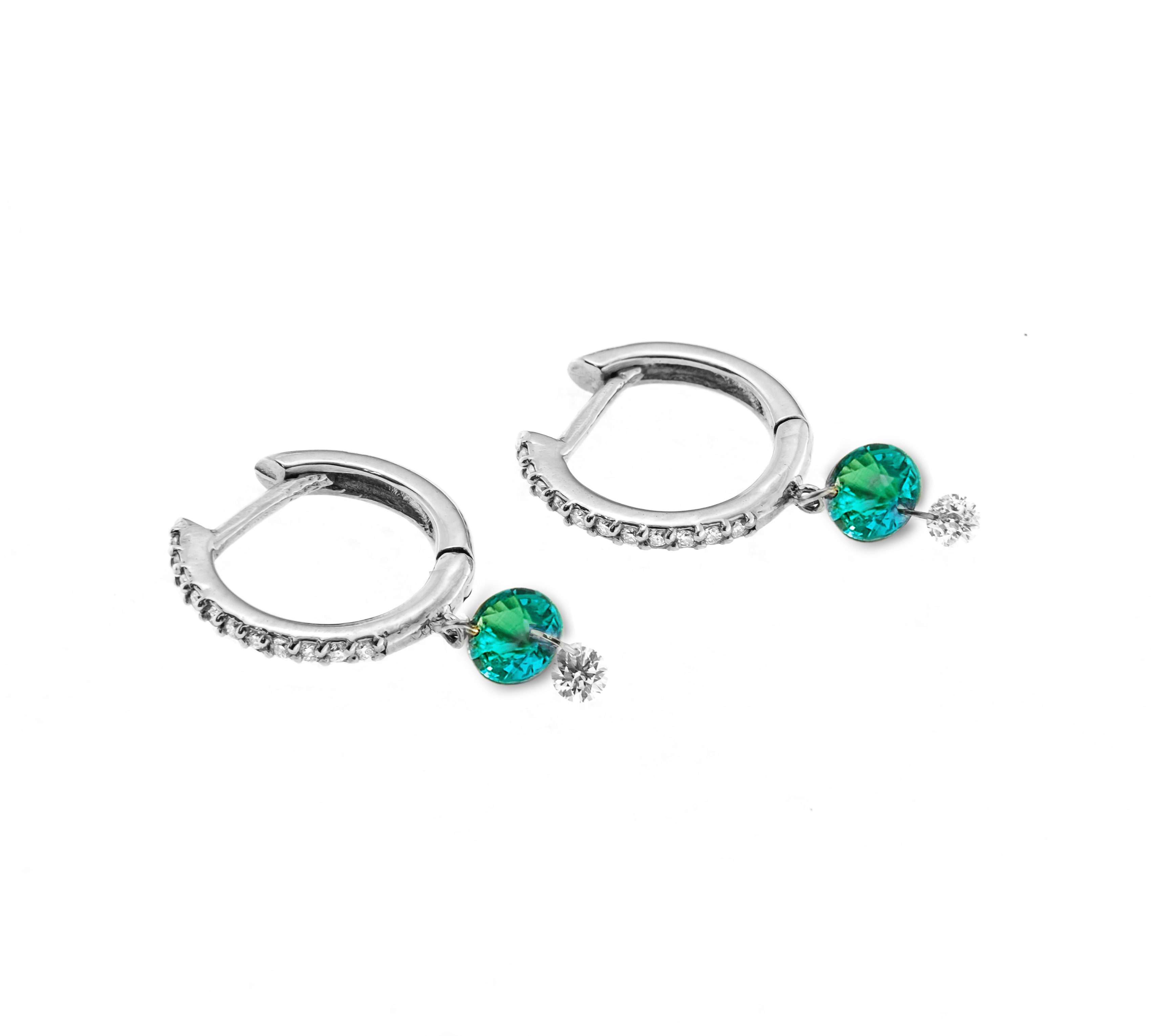 Earrings 18K Gold Drilled Emerald and Pave Diamond Huggie Hoops Earrings