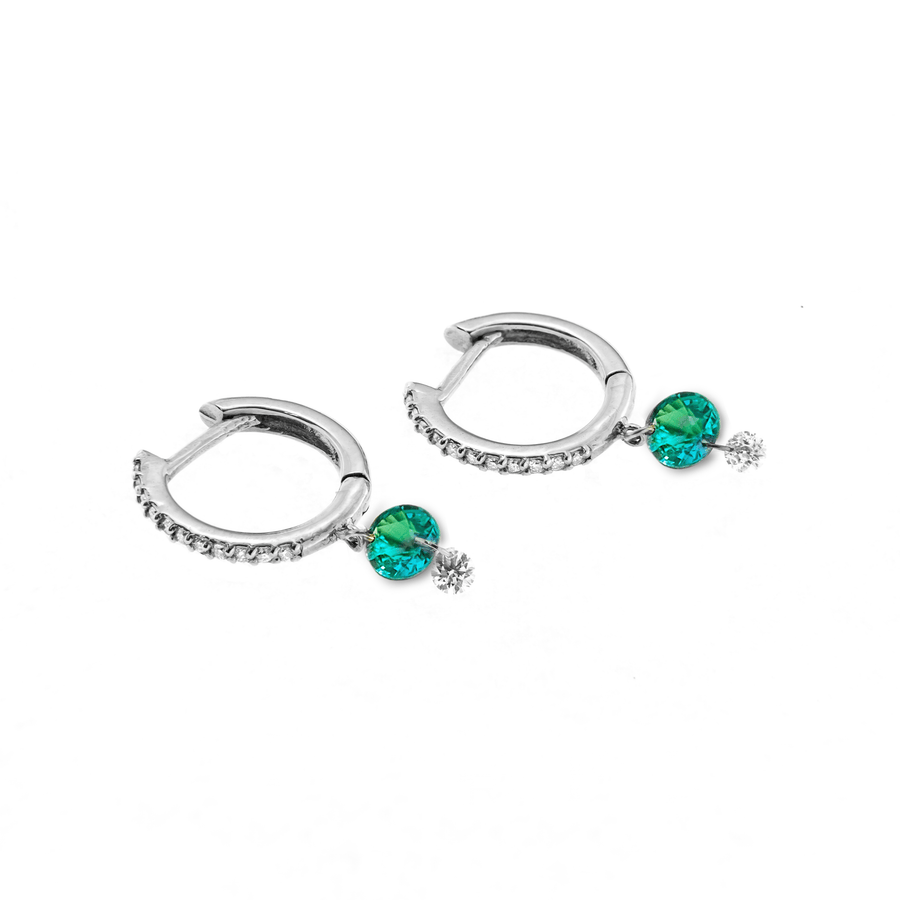 Earrings 18K Gold Drilled Emerald and Pave Diamond Huggie Hoops Earrings